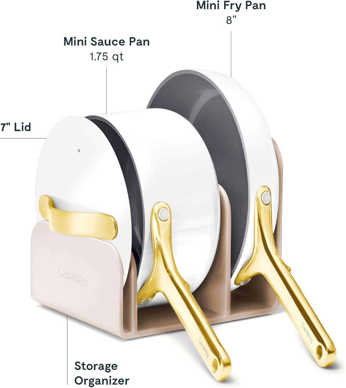 Caraway Mini Cookware Set - Non-Stick Ceramic Fry Pan (1.05 qt, 8") Sauce Pan (1.75 qt) & Storage Rack - Non Toxic, PTFE & PFOA Free - Oven Safe & Stovetop Agnostic (Gas, Electric & Induction) - White