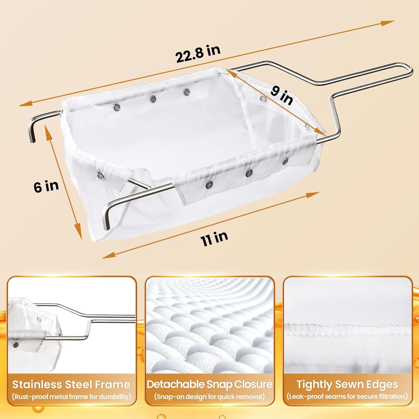 Fryer Filter Bag & Frame Set, Reusable Oil Strainer for 70 lb Cooking Oil, Fine Mesh to Capture Crumbs, Durable for Home & Commercial Use, with 1 Professional Food Thermometer