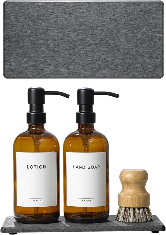 2PCS 10"x 5" Large Bathroom Sink Vanity Trays, Water Absorbing Diatomite Stone Quick Drying Mat for Kitchen Counter, Dish Rack Dispensers Sponge Holder Caddy Organizer, Dark Gray,