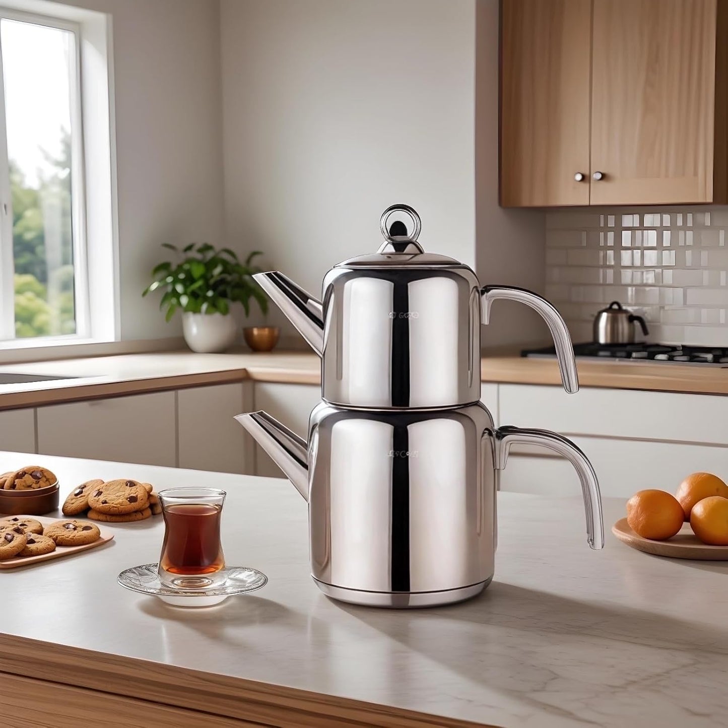 Karaca New Mani Turkish Tea Set for Stovetop, Induction Base Stainless Steel Tea Maker (1L Teapot & 2L Tea Kettle), Dishwasher Safe, Non-Burning Handles Samovar Style