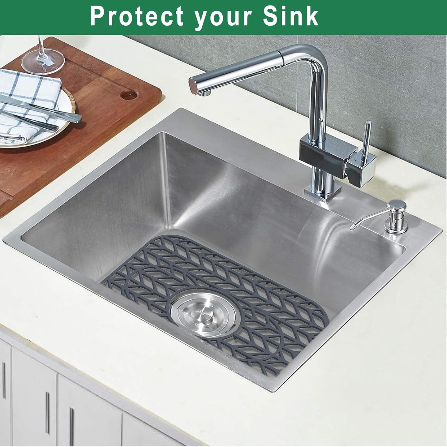 GUUKIN Sink Protectors for Kitchen sink, 13 5/8" x 11 5/8" Folding Non-slip Silicone Sink Mat Grid for Bottom of Farmhouse Stainless Steel Porcelain with 3 Reserved Holes Pack of 2