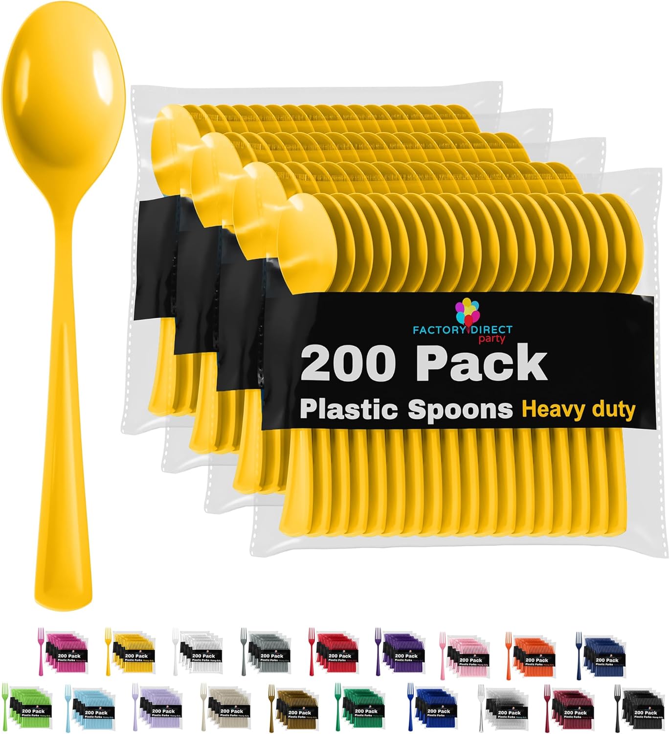 Heavy Duty Plastic Cutlery - 200 Pcs, Disposable Yellow Plastic Spoons - Flatware, Silverware
