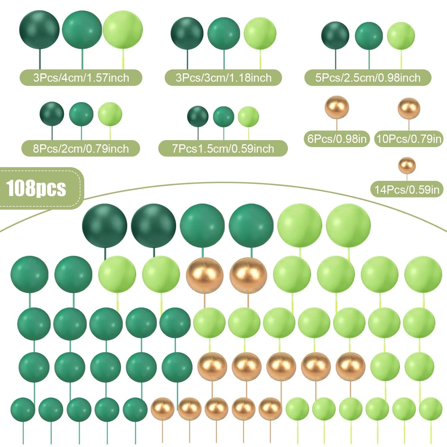 108 Pcs Balls Cake Topper DIY Cupcake Insert Foam Balloons for Cake Baking Wedding Anniversary Birthday Decoration(Assorted Green, Gold,Multi Sizes)