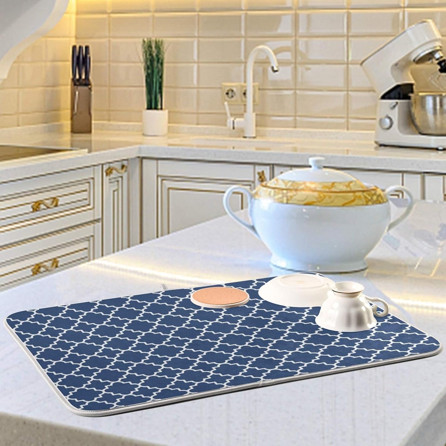 Super Absorbent Dish Drying Mat Microfiber Fast-Drying Dish Mat 16" x 18" Kitchen Dish Drying Pad Watercolor Cute Navy Blue Moroccan