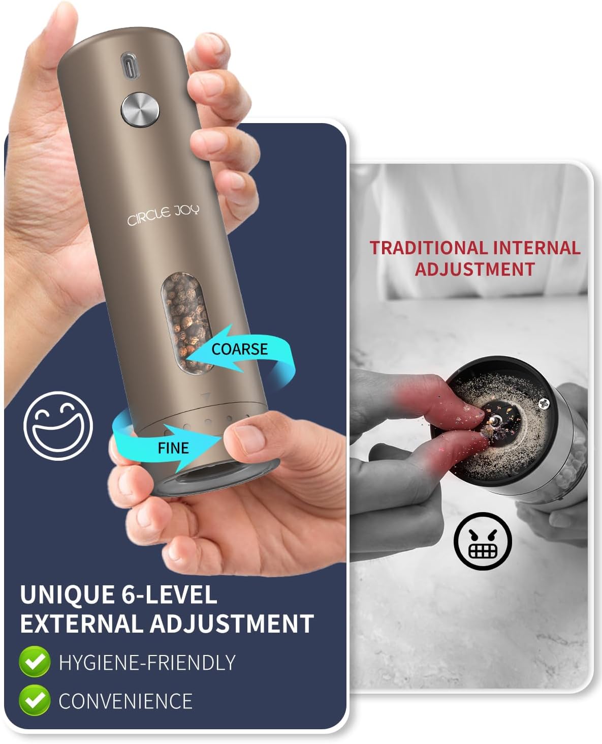 CIRCLE JOY Rechargeable Electric Salt and Pepper Grinder Set with Base, Automatic Pepper Mills with 110ml Container, External Adjustable Coarseness, White Led Light and One-Handed Operation, Brown