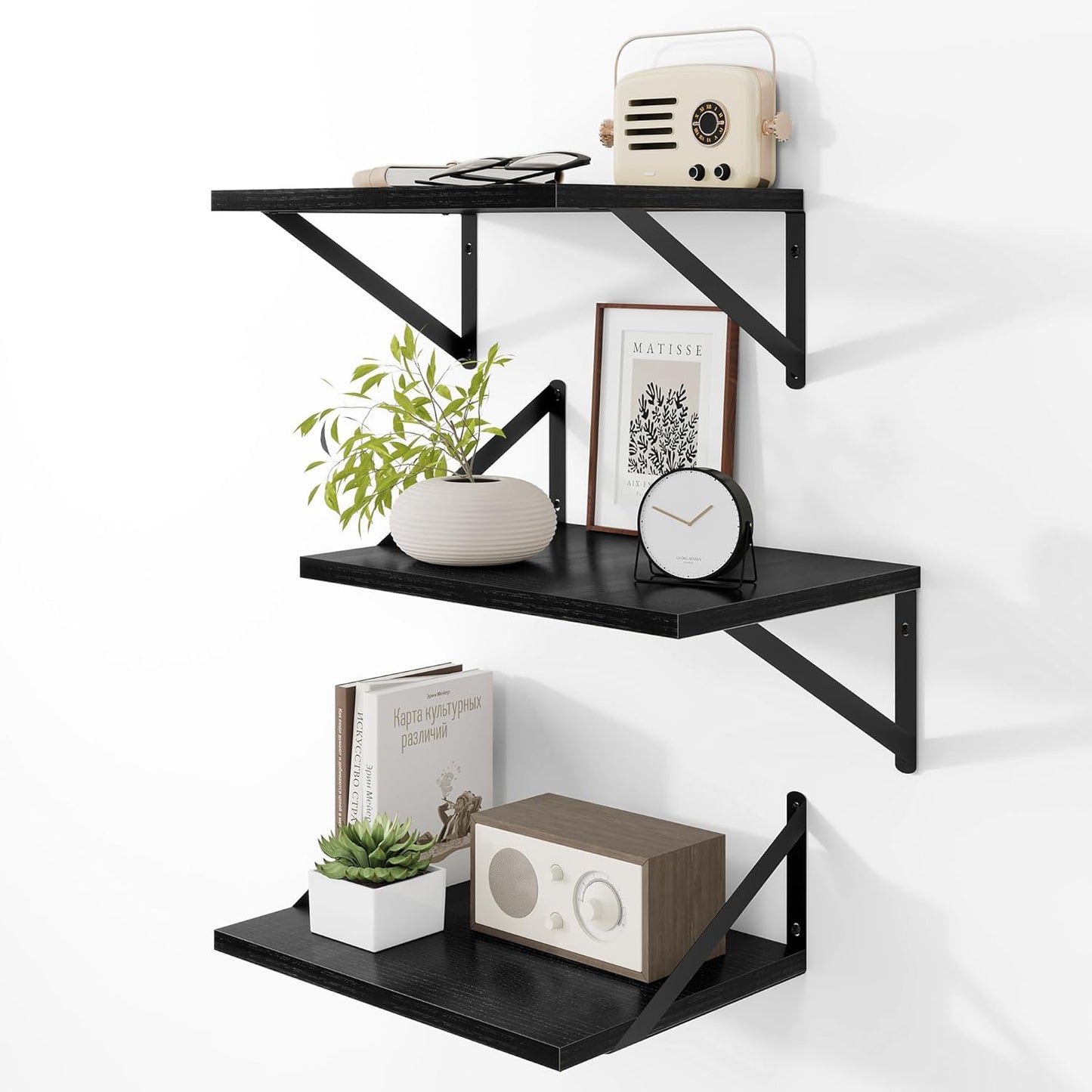 Heimlove Deep Floating Shelves for Wall, 12 Inch Deep Floating Shelves Set of 3, 16W x 12D Wood Wall Shelves, Wide Wood Shelves with Metal Bracket for Living Room, Kitchen, Office, Bedroom - Black