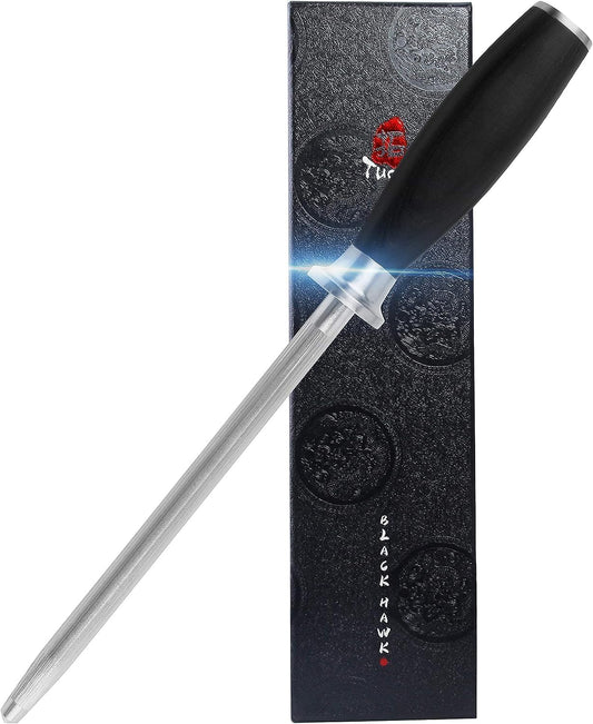 TUO Honing Rod, Knife Sharpening Rod 8 Inch, High Carbon German Steel Knife Sharpener with Ergonomic Pakkawood Handle, Premium Honing Steel for Kitchen Knives Blade Maintenance, Black Hawk Series