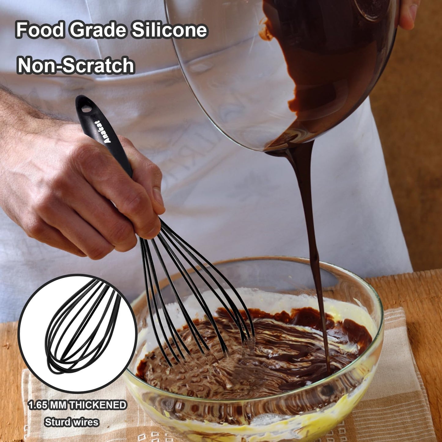 Anaeat Kitchen Whisk Set of 5, Perfect for Non-Stick Cookware, Egg Beater Milk Blender for Whisking, Cooking, Baking - 5"+7" Mini Wire Whisk and 8.5''+10.5''+12'' Silicone Balloon Whisks (Black)