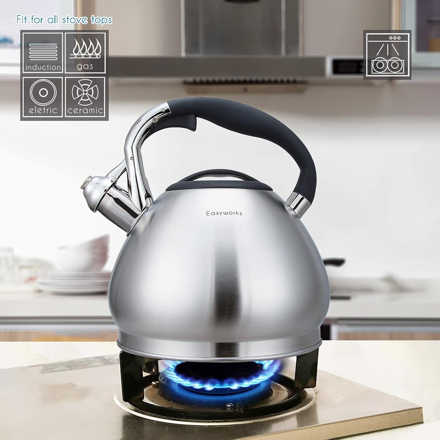 Easyworkz Whistling Stovetop Tea Kettle Food Grade Stainless Steel Hot Water Tea Pot With Loud Whistle, 2.4 Quart(2.3l)