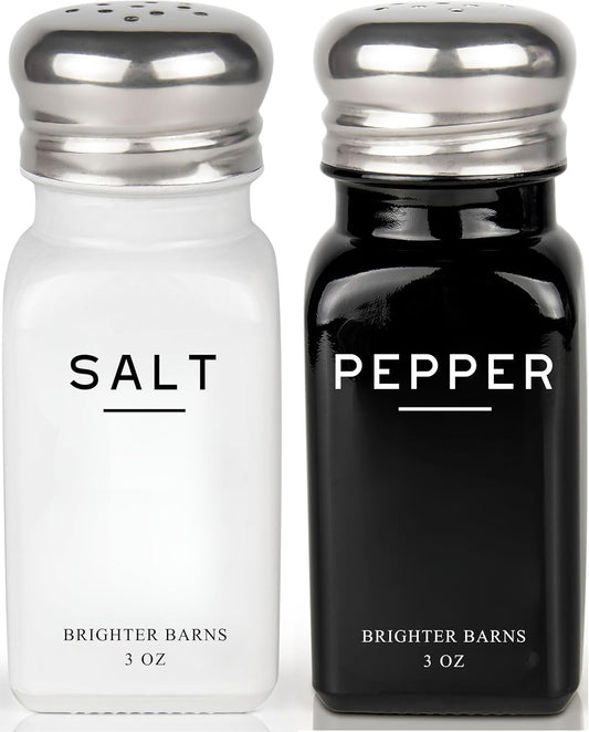 Farmhouse Salt and Pepper Shakers Set by Brighter Barns - Modern Kitchen Decor, Dining Table Countertop Accessory - Rustic, Vintage Glass Shakers with Stainless Steel Lids for Home, Restaurant