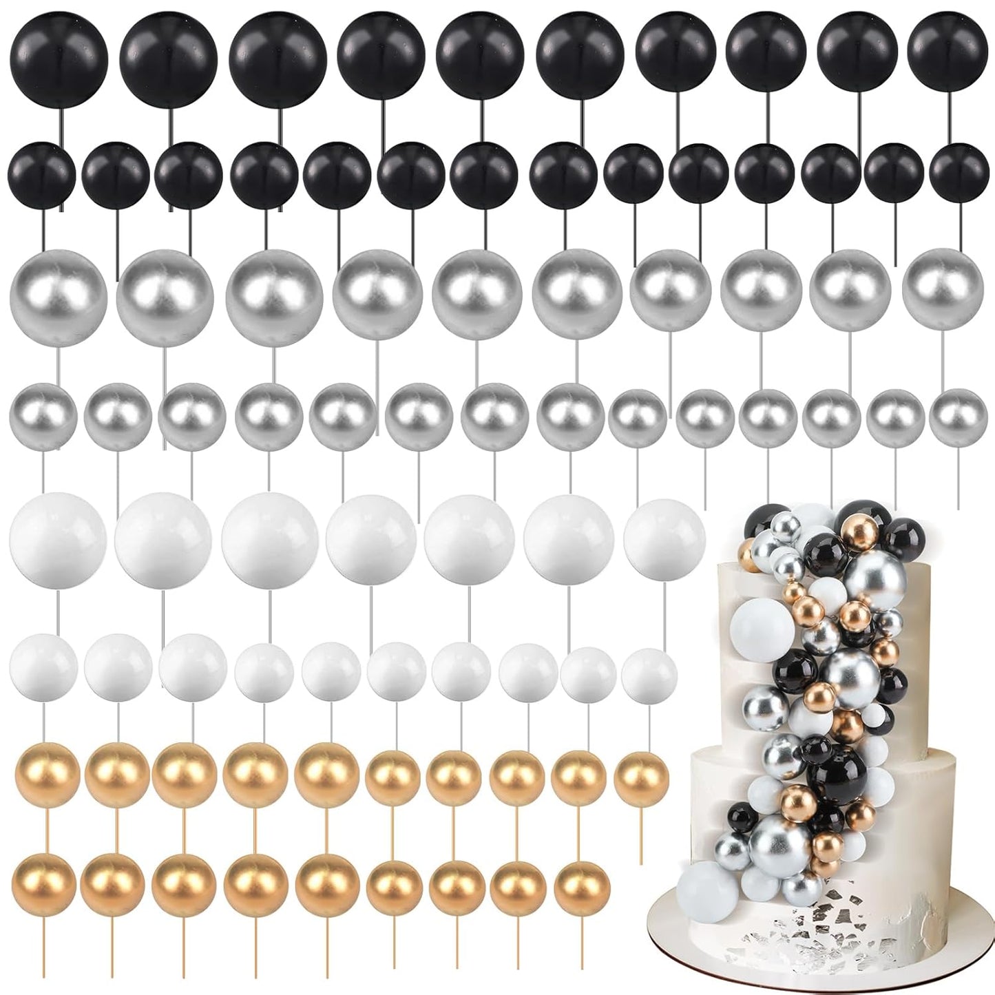 108 Pcs Balls Cake Topper DIY Cupcake Insert Foam Balloons for Cake Baking Wedding Anniversary Birthday Decoration(Black, Silver, White, Gold,Multi Sizes)