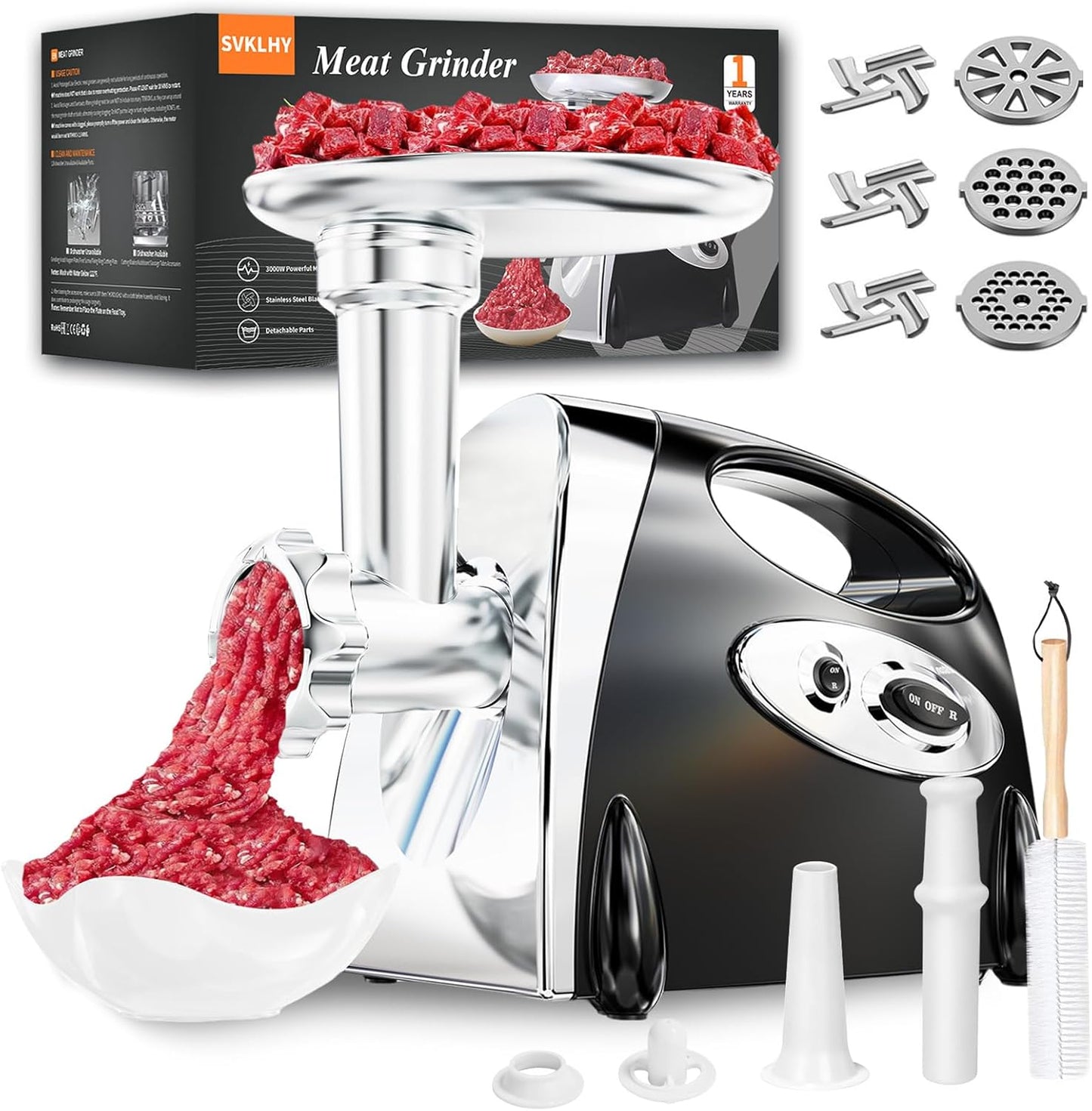 Electric Meat Grinder: [3000W Superior Motor] [Exquisite Box] Meat Grinder with 6 PCS Stainless Steel Blades & Grinding Plates, Sausage Stuffer Tubes & Kubbe Kit Portable Handle for Gift (Black)