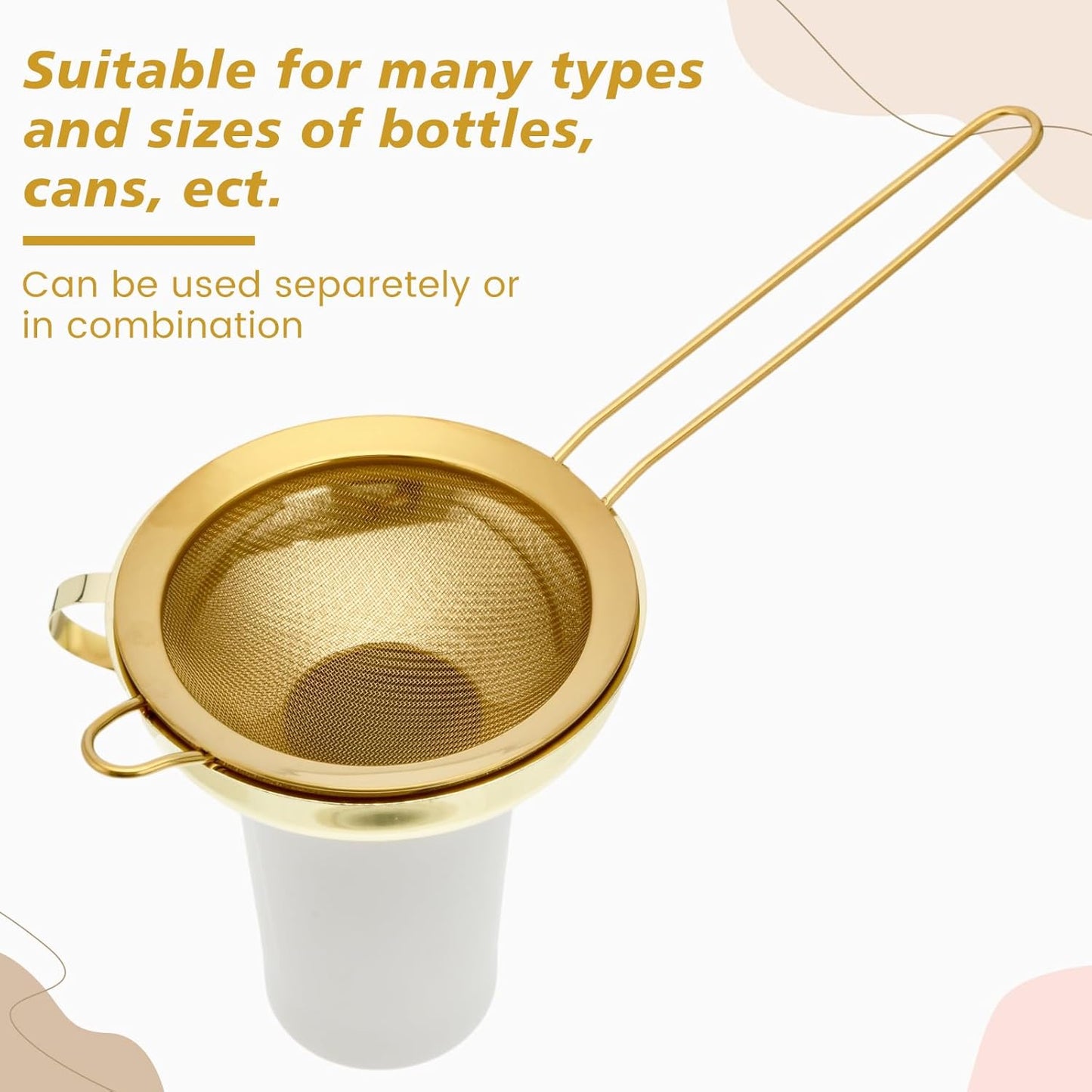 Boao 4 Pieces Stainless Steel Funnels with Fine Mesh Strainer, Household Kitchen Canning Funnels with Stainless Steel Colander (Gold)