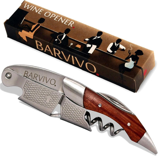 Barvivo Wine Bottle Opener with Double Hinged Corkscrew - 4.5-Inch Manual Wine Key with Foil Cutter and Cap Remover - Stainless Steel Bar Key Tool for Bartenders and Servers - Natural Rosewood Handle