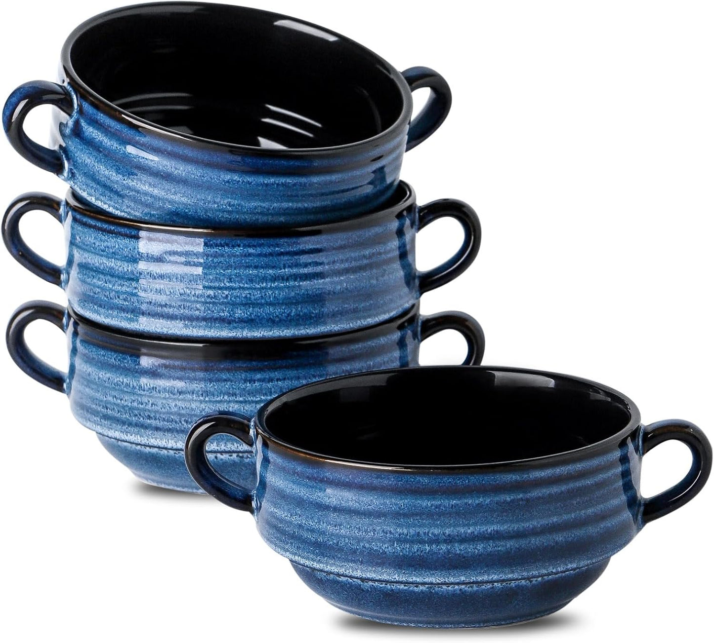 Hasense Soup Bowls with Handles, 20 oz Ceramic French Onion Soup Crocks Set of 4, Stackable Small Serving Bowls for Chili, Stew, Cereal, Microwave Oven and Dishwasher Safe, Blue