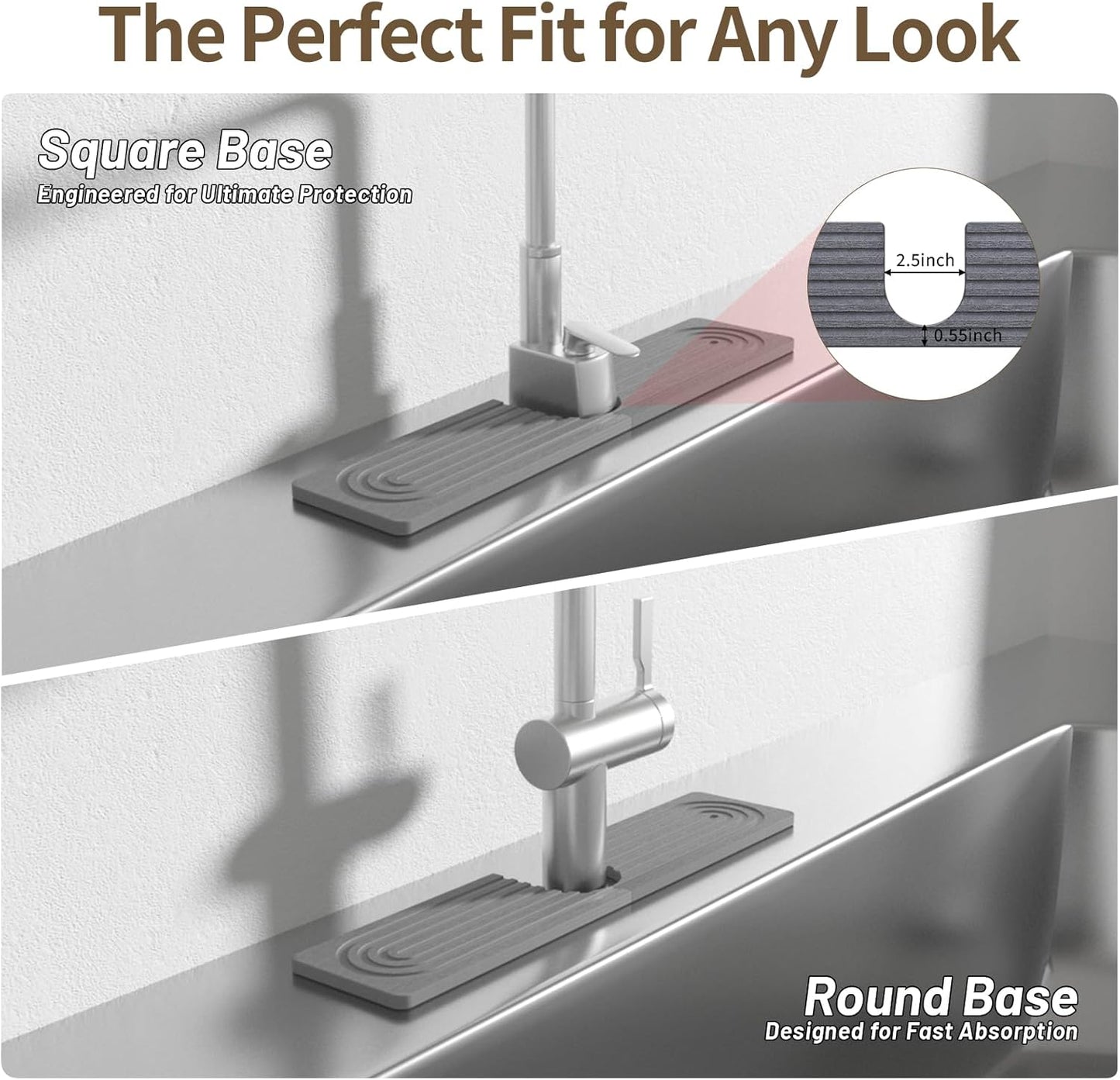 Faucet Mat for Kitchen Sink, Diatomite Stone Drying Sink Protectors, Bathroom Faucet Splash Guard, Quick Dry Water Absorbing, Non-Slip Stone Tray for Kitchen Counter, Grey, 15.7" x 3.9"