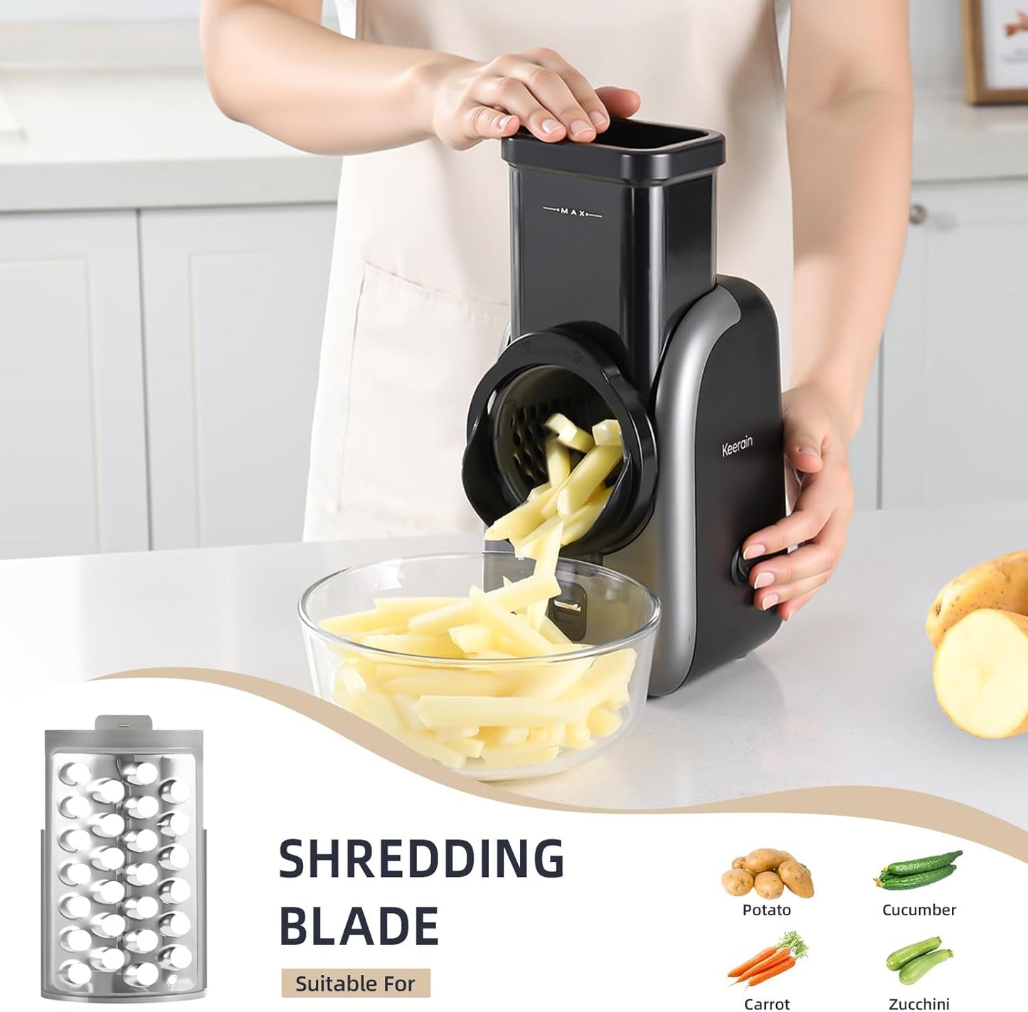 Electric Vegetable Slicer and Cheese Grater, Multifunctional Rotary Cutter with 4 Stainless Steel Blades for Potatoes Carrots Cucumbers Fruits Salad etc.
