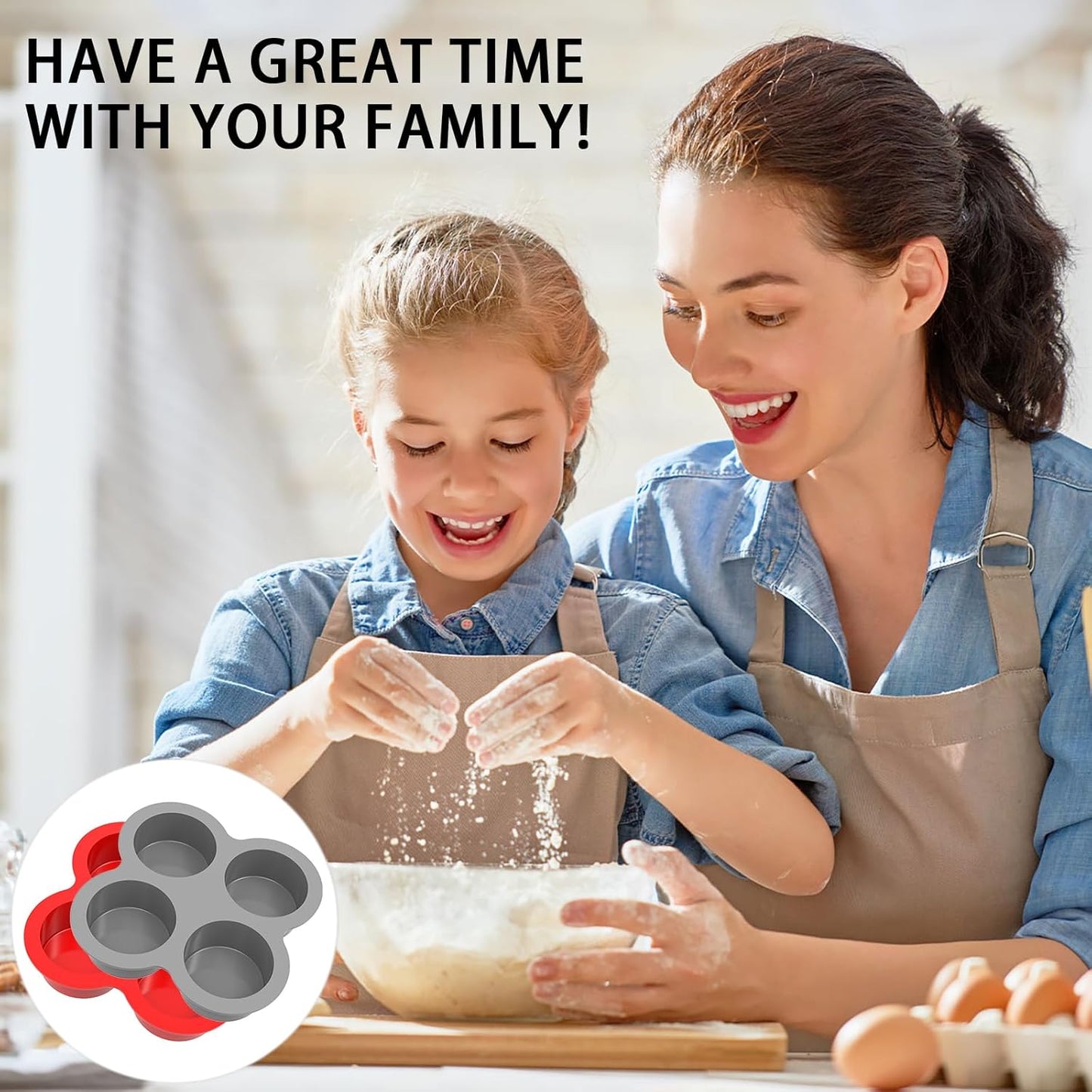 Silicone Egg Bite Molds- 4 Cups Air Fryer Egg Mold, Silicone Egg Molds Ideal For Muffins, Cakes, Pies, Breads (2 Pcs Red + Gray)