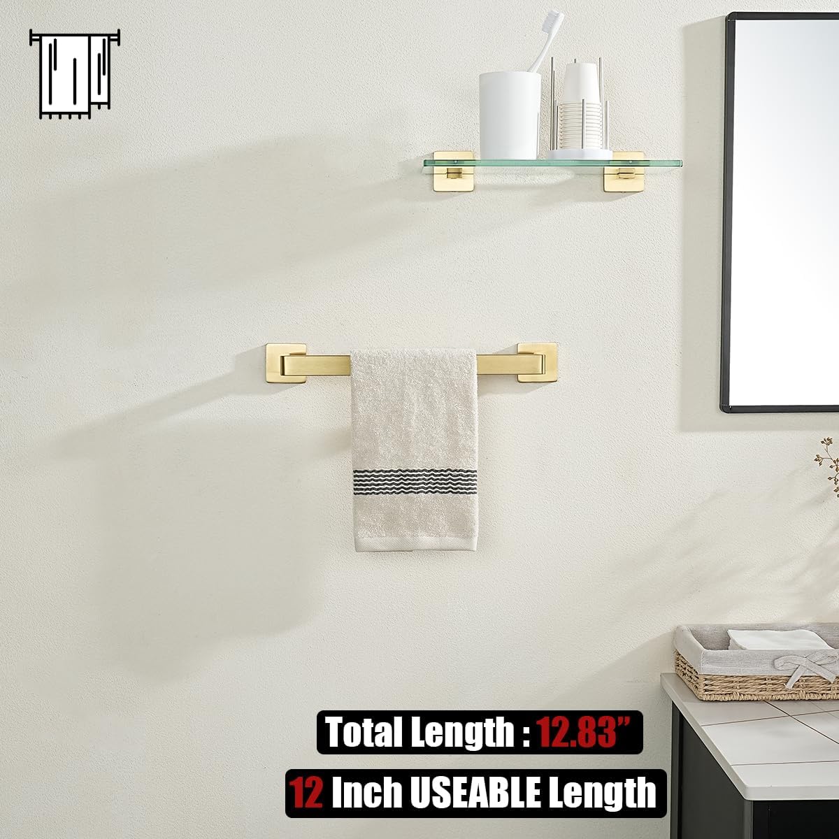 JQK Gold Towel Bar, Rounded Edges 18.41 Inch Towel Rack, 304 Stainless Steel Bathroom Wall Mount, Useable Length 16 Inch, TB250L16-BG