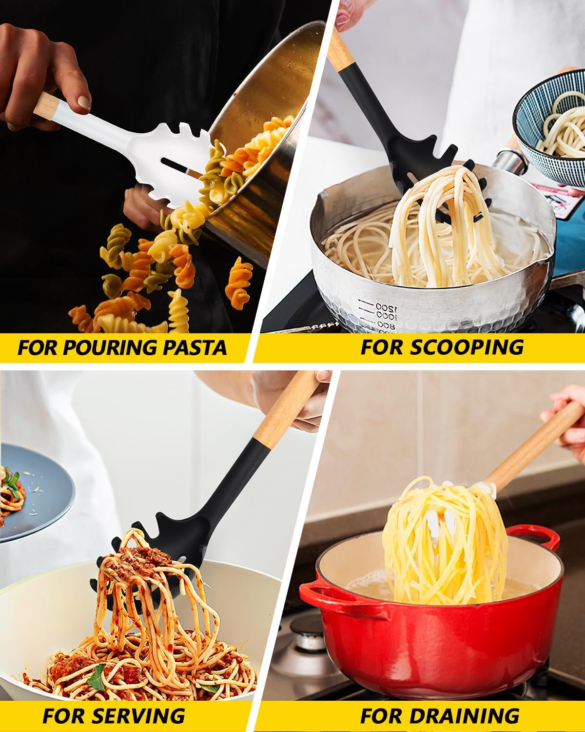 Pack of 2 Spaghetti Spoon, Silicone Pasta Fork with Wooden Handle, Heat Resistant Noodle Spoon Server, BPA Free Spaghetti Strainer(BLACK-WHITE)