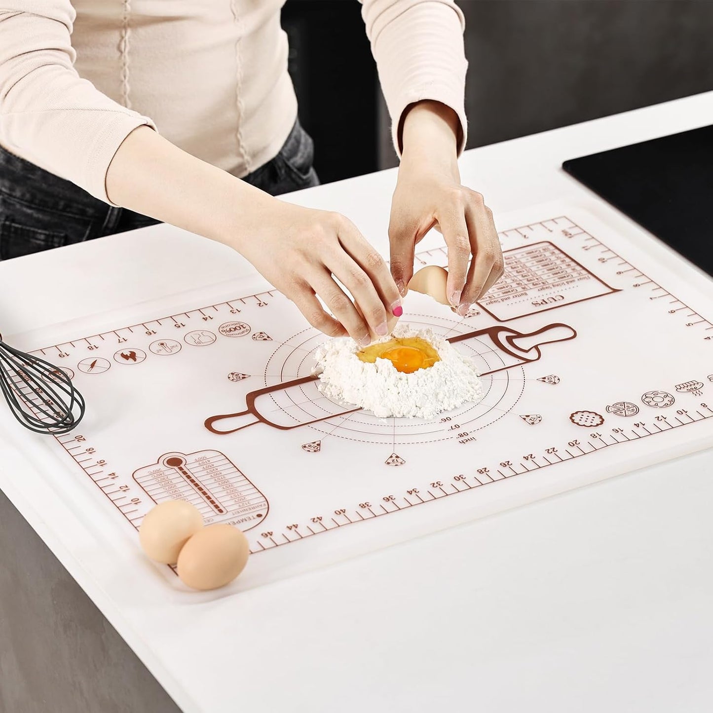 Silicone Baking Mat, Extra Thick Dough Rolling Pad with Measurements and Edge Heightening, Non-stick Food Grade Silicone Pastry Mat for Pastry, Bread, Cookies (Transparent, 16"L x 24"W)