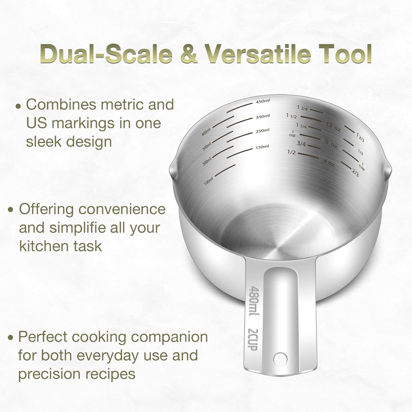 2PCS Stainless Steel Measuring Cup Set, Includes 2Cup(480ml, 16oz) and 1Cup (240ml, 8oz), Etched Inner Scale Measure Scoop, Metric and US Measurement, Dishwasher Safe