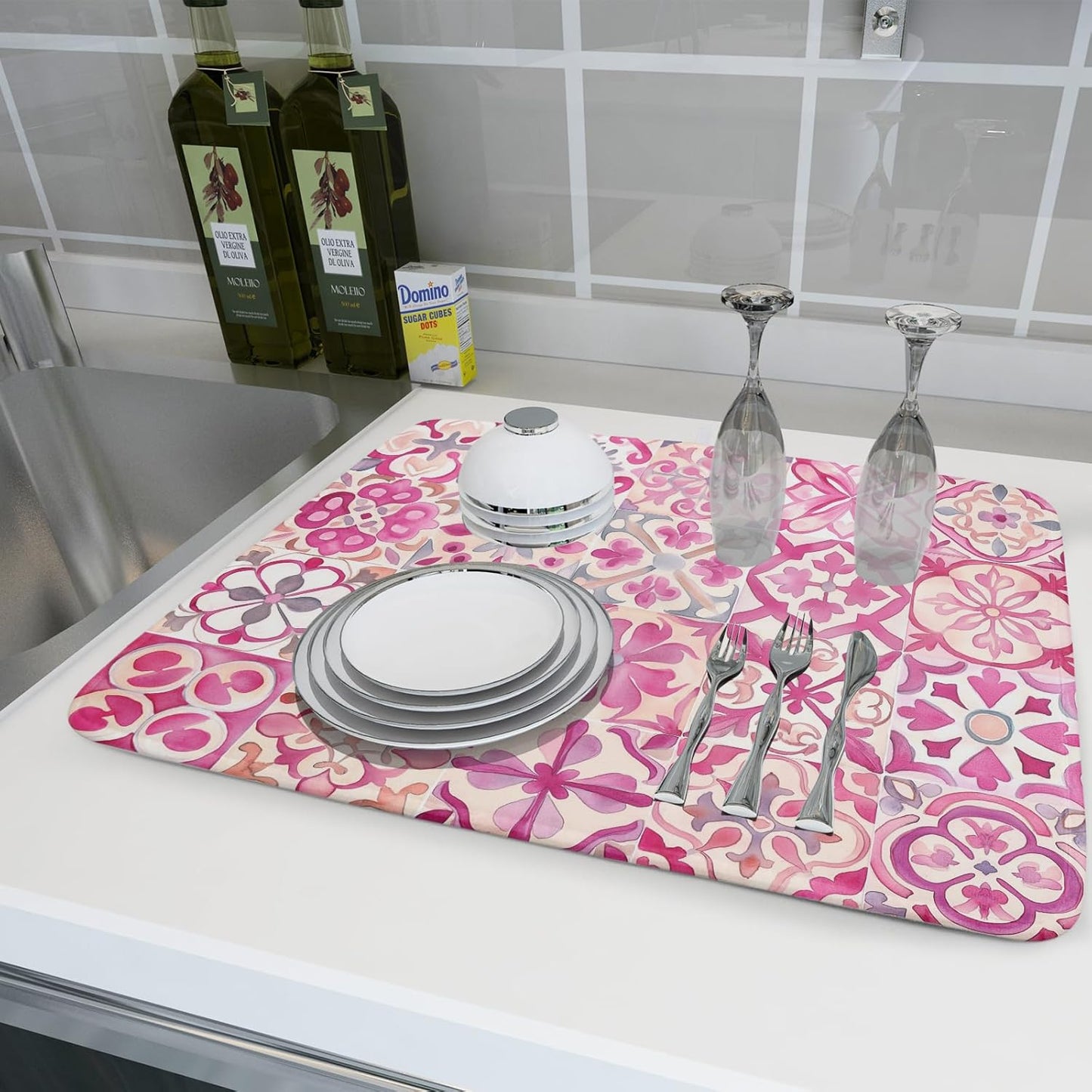 Pink Mexican Tiles Dish Drying Mat Absorbent Microfiber Dish Drying Pad for Kitchen Multi-use Large