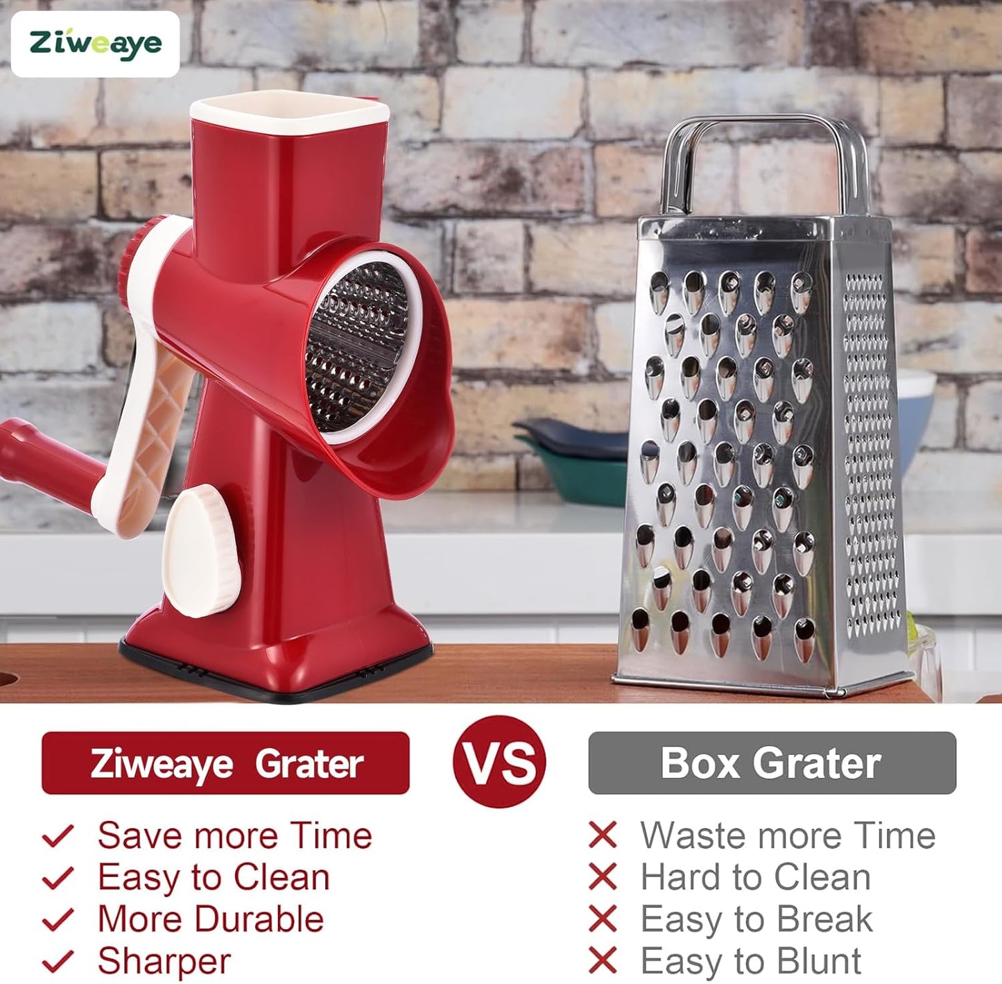 Rotary Cheese Grater Hand Crank Cheese Shredder Vegetable Mandoline Slicer for Kitchen 3 in 1 Changeable Blades for Cheese Potato Nuts Chocolate Ice (RedWhite)