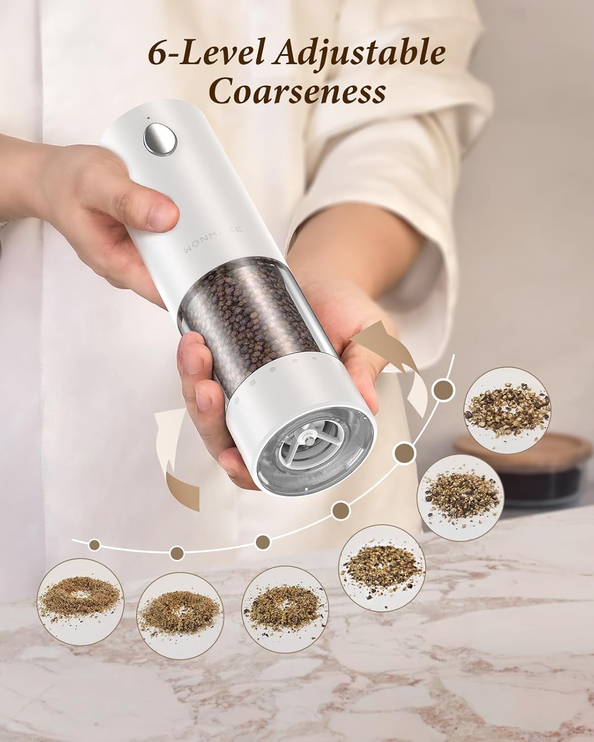 Electric Salt and Pepper Grinder Set - Automatic Refillable Salt and Pepper Grinders with Charging Base & LED Light, 6-Level Adjustable Coarseness with External Dial, Ideal Kitchen Gadget，Black& White