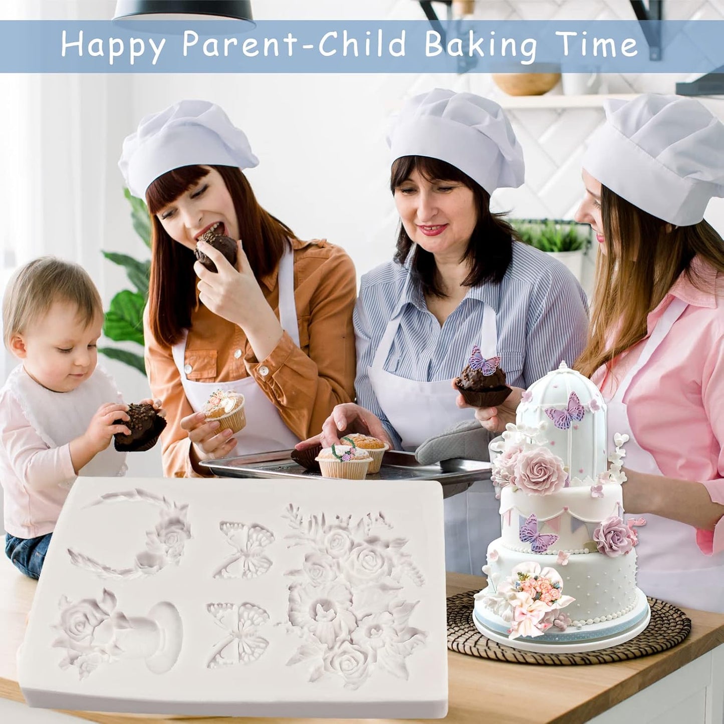 Rose Fondant Molds, Flower Pot Bouquet Butterfly Chocolate Cake Decorating Silicone Molds for Cupcake Topper, Candy, Sugar Craft, Floral Paste, Mousse, Gum Paste, Epoxy Resin, Polymer Clay, Home Decor