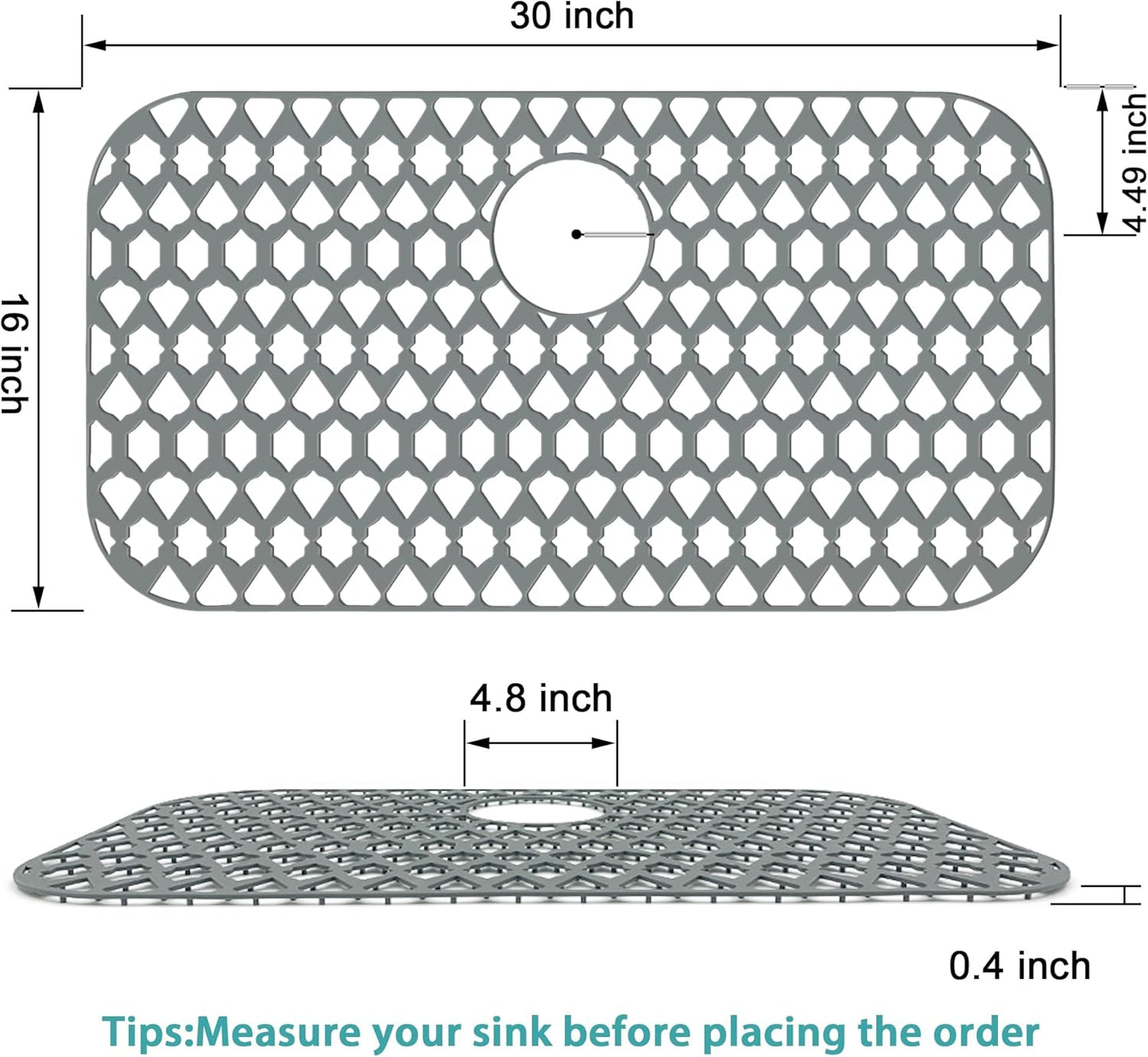 Sink Protectors for Kitchen Sink 19x14 & 21x16 & 26x14 & 28x14.4 & 30x16, Large Silicone Sink Mats Grid for Bottom of Farmhouse Stainless Steel Sink (30”x16”, Rear Drain)