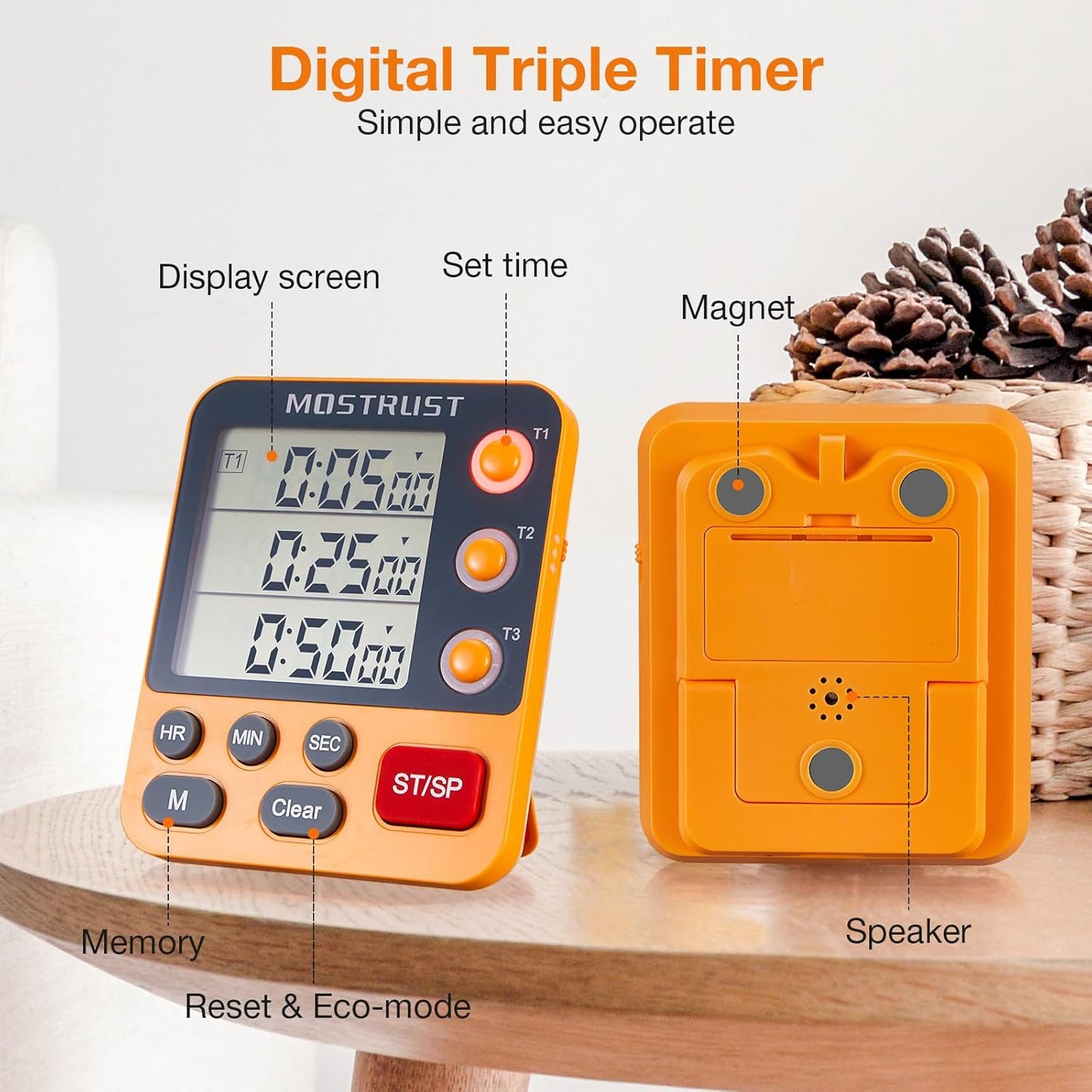 Digital Dual Kitchen Timer, 3 Channels Countdown Triple Timer for Cooking, Magnetic Memory-Preset Large Display Adjustable Alarm Volume, Multi Times Management, 3A Battery Included, Orange