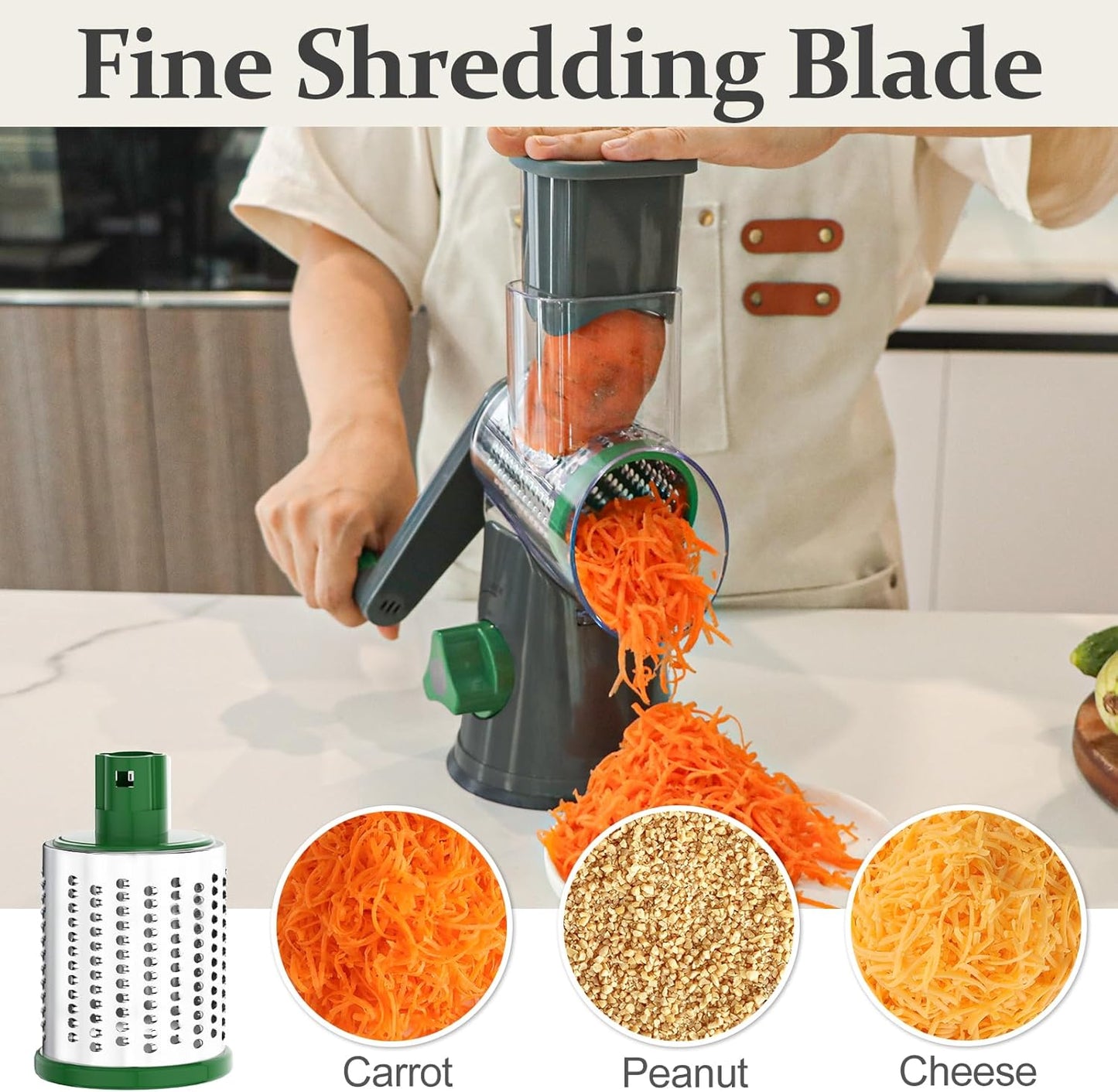 Cambom Rotary Cheese Grater Hand Crank Cheese Shredder for Fresh Cheese, Vegetable, Nuts,Non-slip Suction Base, Free Cleaning Brush Three Blades, Grey and Green
