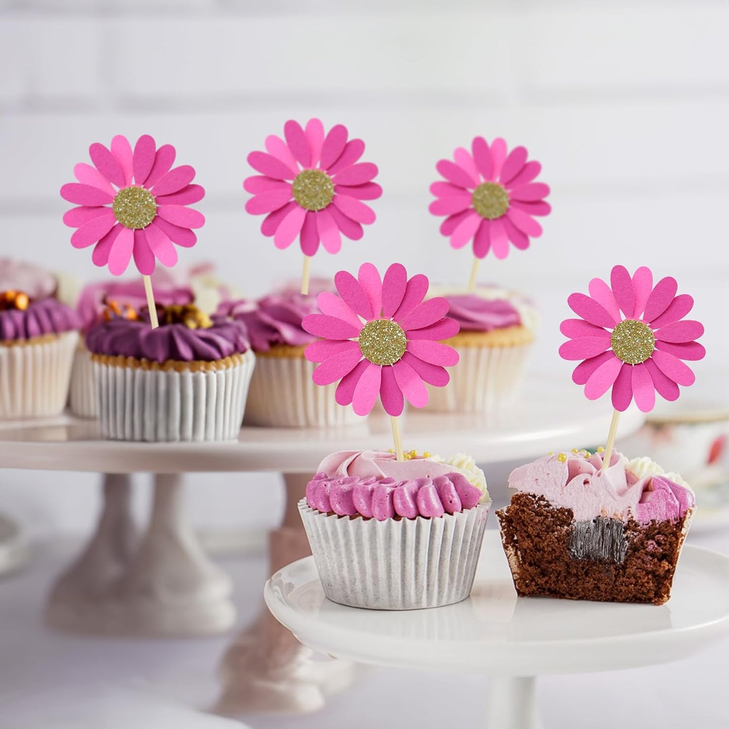 24Pcs Daisy Cupcake Toppers Flower Cake Topper Decorations Daisy Cake Decorations Chrysanthemum Cupcake Toppers Spring Daisy Flower Cake Picks for Birthday Wedding Supplies Rose Red