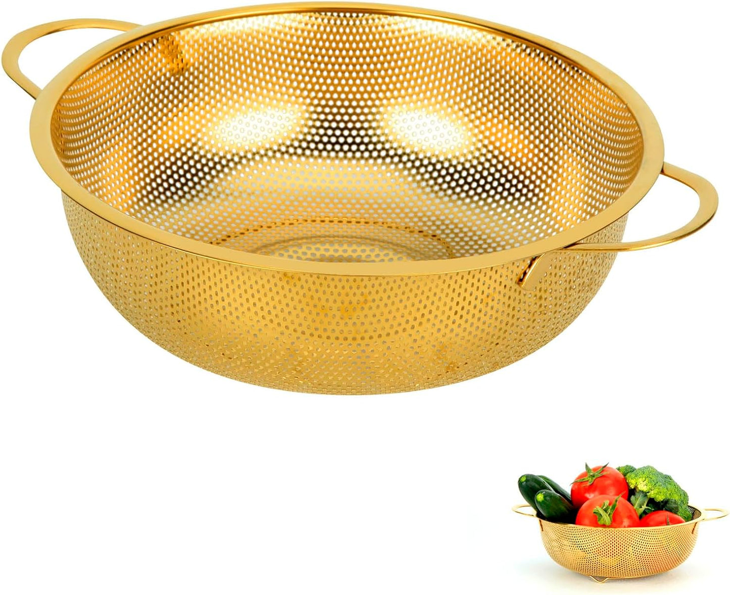 Snailhouse Colander, 3 Quart Kitchen Stainless Steel Metal Pasta Rice Food Colander Strainer Bowl with Handles and Legs for Draining Washing, Gold