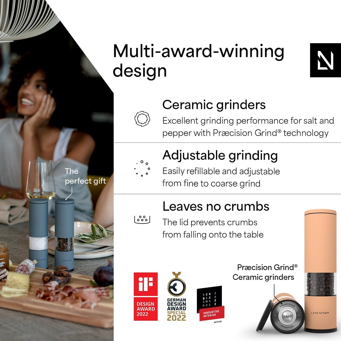 LARS NYSØM Salt and Pepper Grinder Set Manual, Stainless Steel Salt and Pepper Mills with Adjustable Ceramic Grinder I Design Spice Shakers (Creamy Peach)