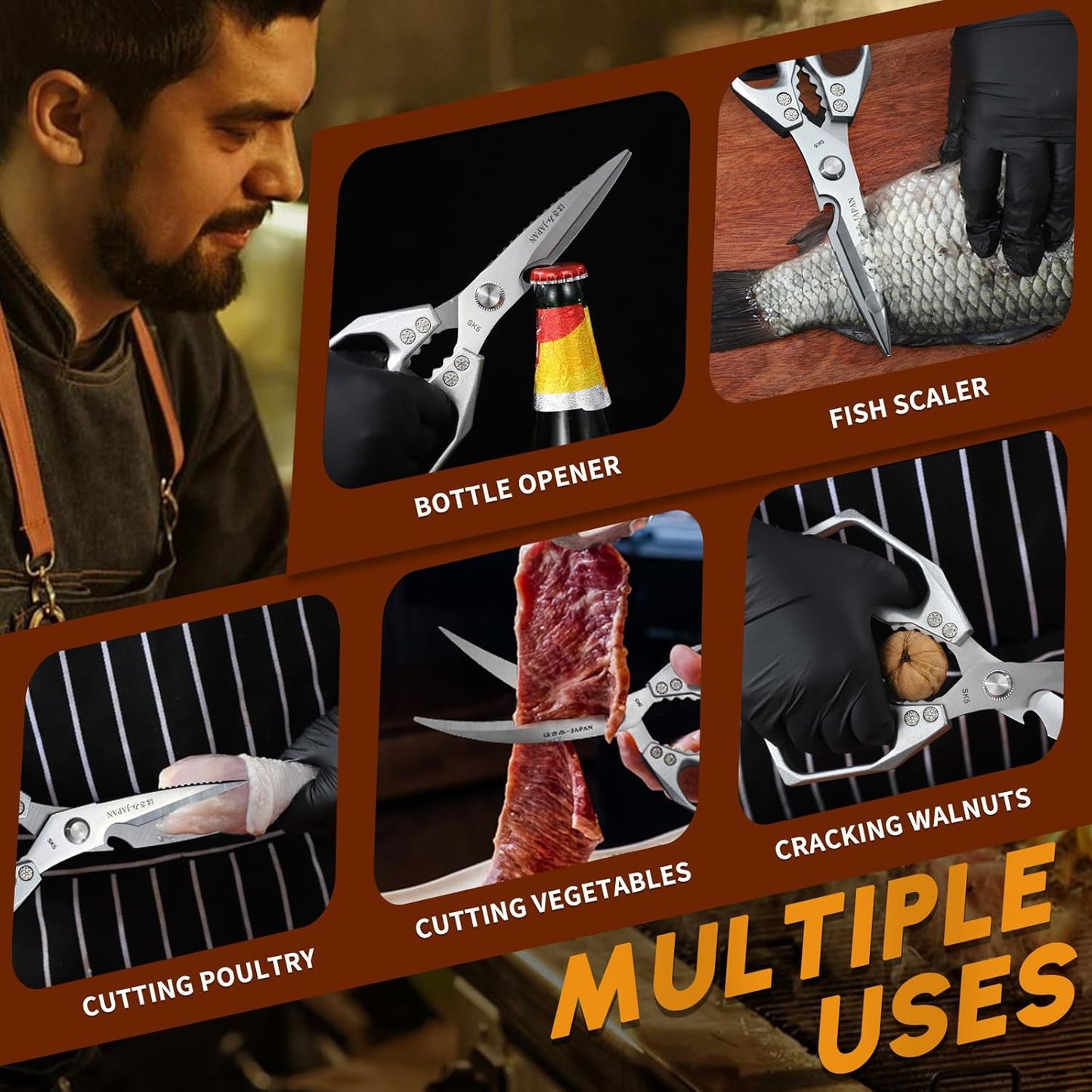 HUUSK Kitchen Scissors Set Silver - Stainless Steel Kitchen Shear, Sharp Meat Scissors Dishwasher Safe, Heavy Duty Poultry Shears, Japanese Cooking Scissor for Food, Chicken Bones, and Turkey