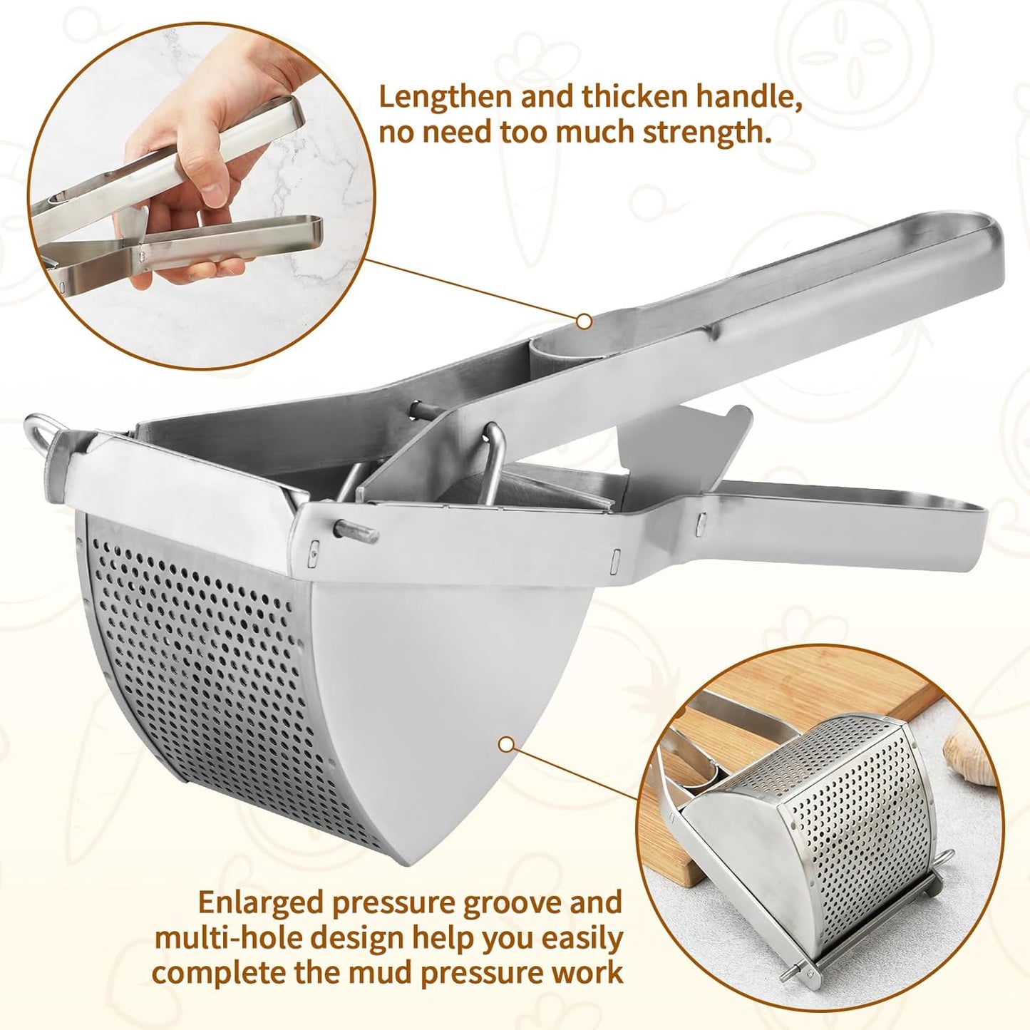 Potato Ricer, Heavy Duty Stainless Steel Professional Ricer for Mashed Potatoes and Ricer Kitchen Tool, Mash Potato Masher for Creamy Mashed Potatoes (Silver)