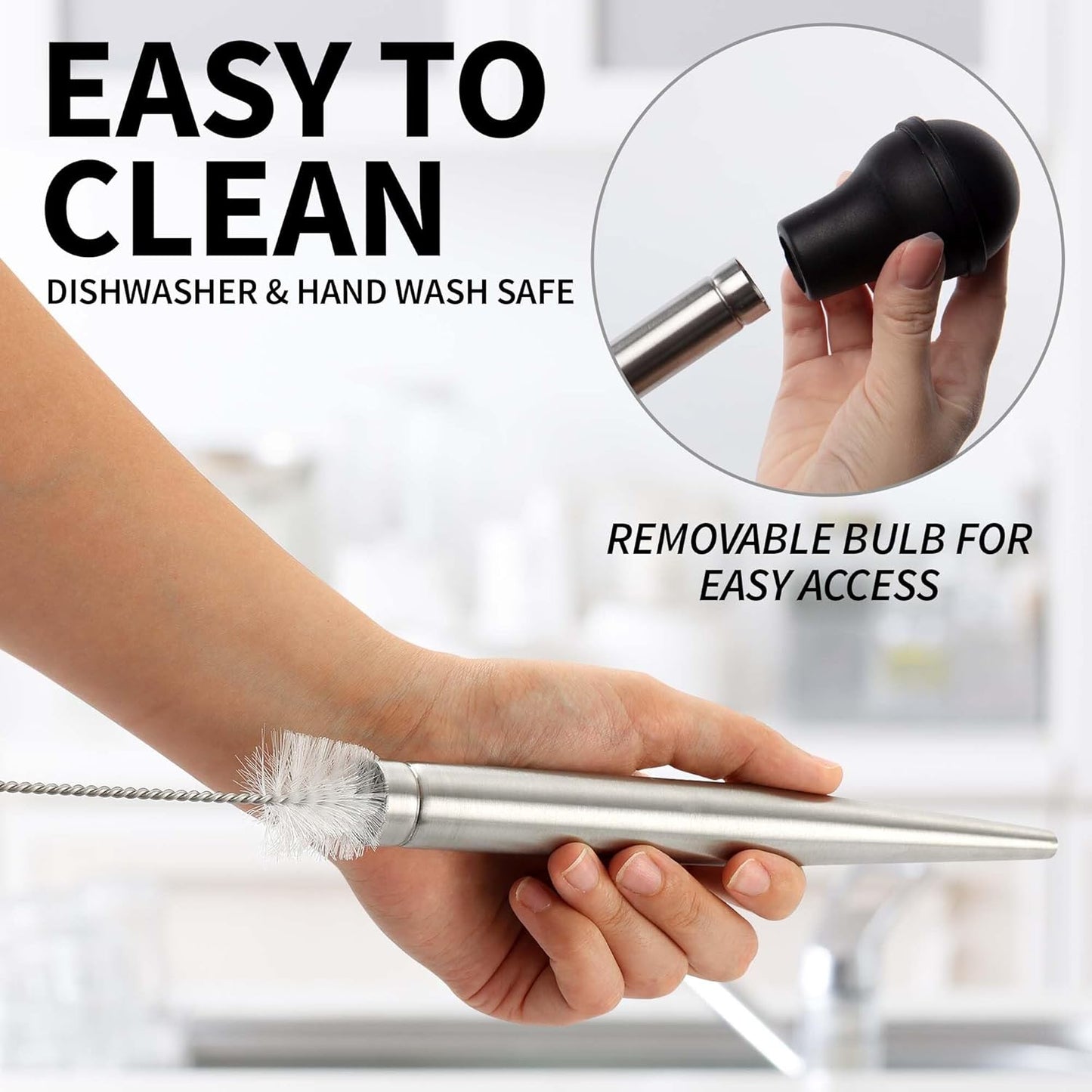 Zulay Kitchen Stainless Steel Turkey Baster for Cooking - Food Grade Metal Baster Syringe & Silicone Suction Bulb - Large Size With 2 Detachable Needles and Cleaning Brush