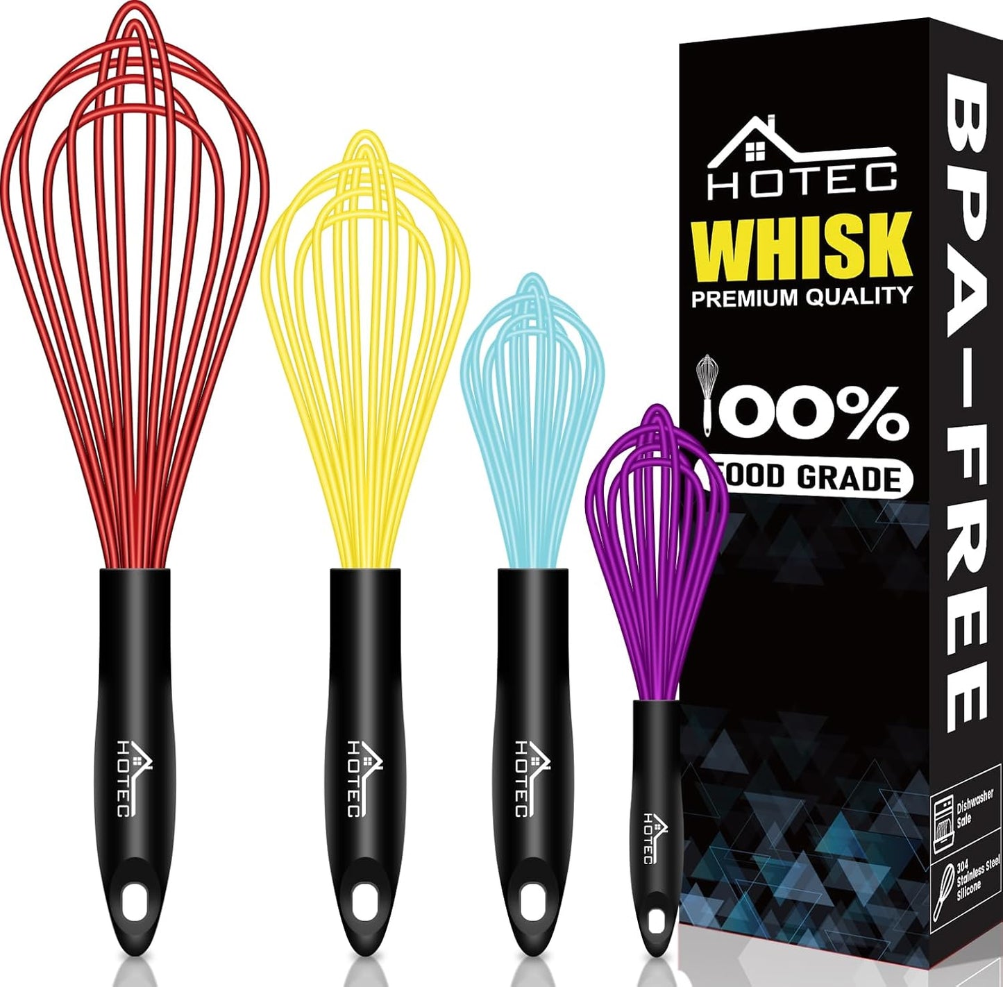 HOTEC 4 Pieces Silicone Whisks Set, Wire Balloon Whisks Egg Beater, Non-slip Handle Whisk for Non-stick Cookware Perfect for Cooking, Stirring, Beating and Blending (Multicolor)