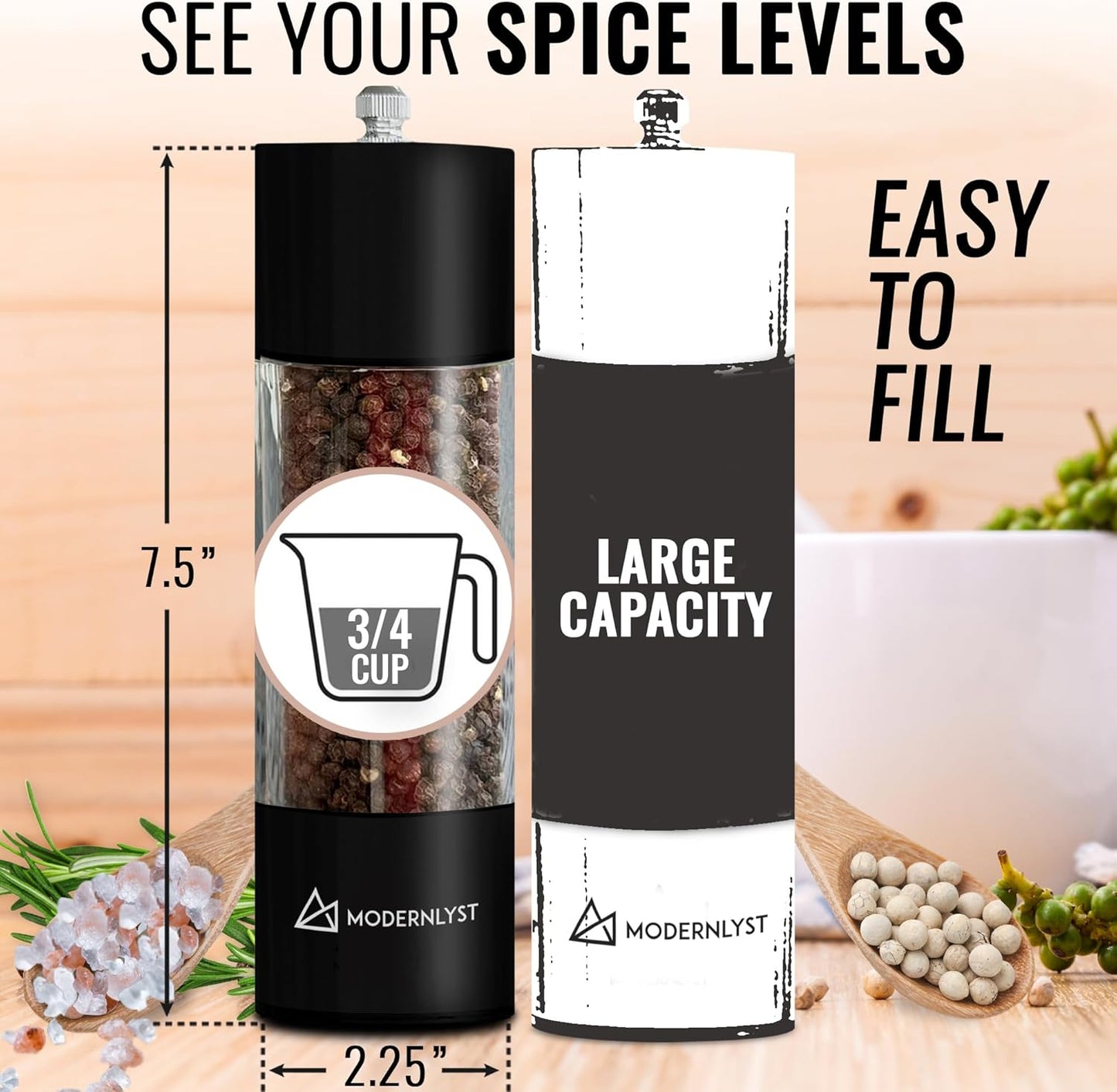 Manual Salt and Pepper Grinder Set of 2 | Large Round Salt and Pepper Shakers Set | 7.5 inch Stainless Steel Salt Grinder Refillable | Pepper Grinder Manual | Black & White