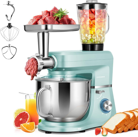 VIVOHOME 6 in 1 Multifunctional Stand Mixer with 8.5 Quart Stainless Steel Bowl, 660W 10 Speed Tilt-Head Meat Grinder, Juice Blender, Vegetable Slicer, Pasta and Cookie Maker, Blue