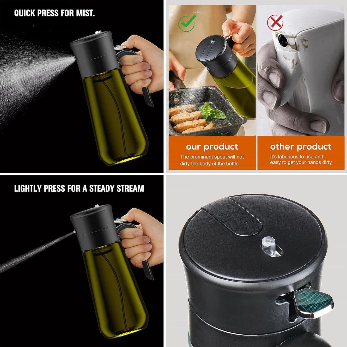 2 PCS Glass Olive Oil Dispenser for Kitchen, 2 In 1 Oil Dispenser Bottle & Oil Sprayer for Cooking, Auto Flip Cap, 17oz Black (Light Blockage)