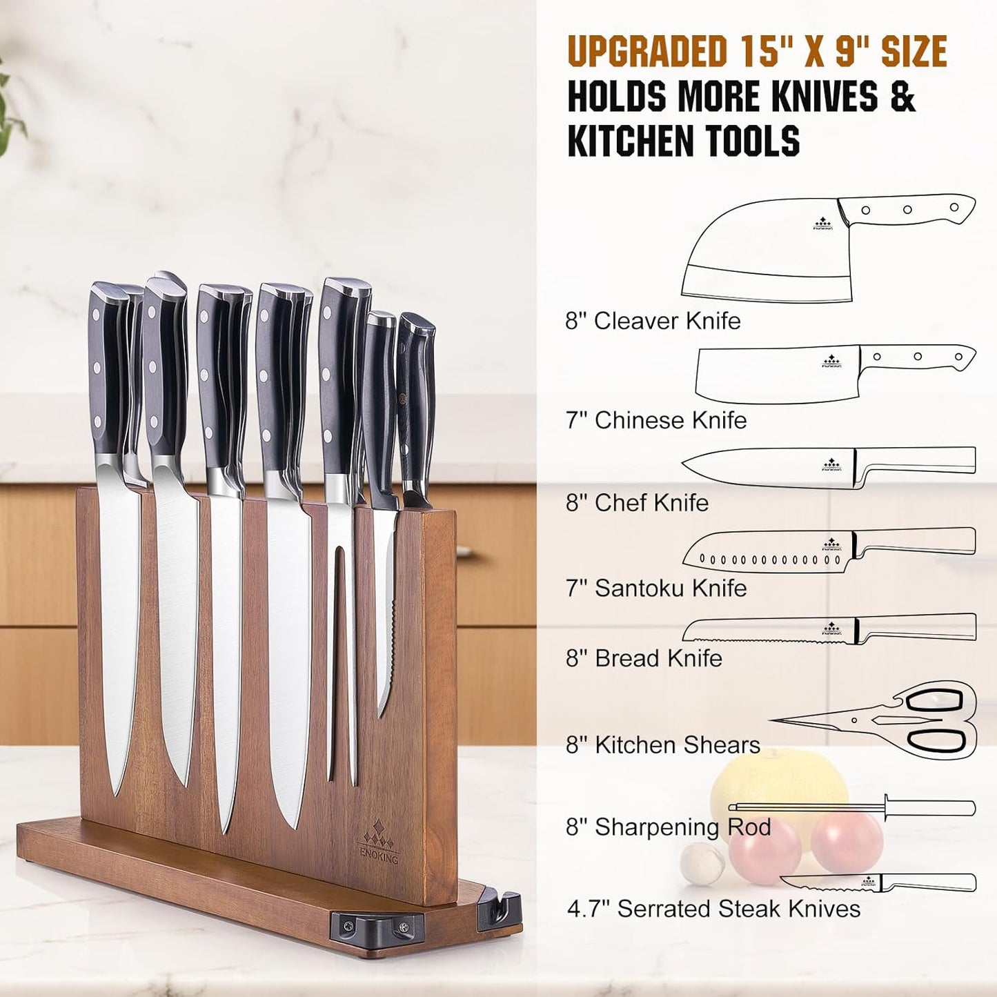 ENOKING 15.2" Extra Large Magnetic Knife Block with Dual Sharpeners, Acacia Wood Knife Holder & Display Stand with Strong Magnets