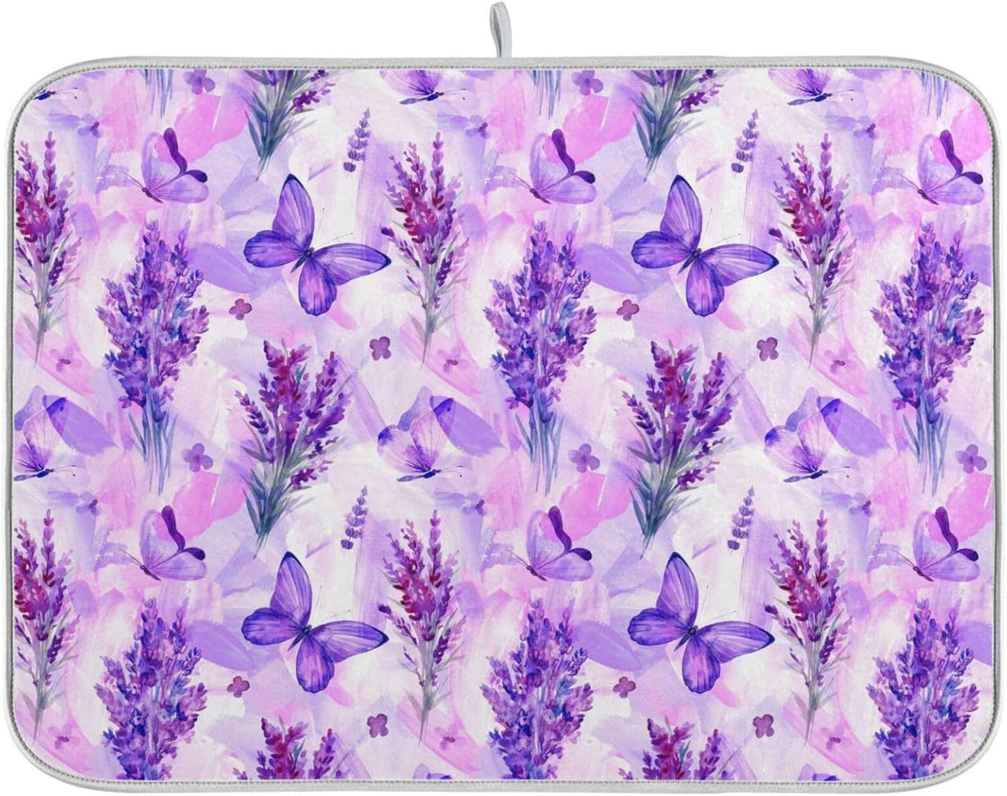 Purple Lavender Butterfly Dish Drying Mat for Kitchen Counter Absorbent Microfiber Drying Pad, Large 18x24 in, Reversible Drainer Mats