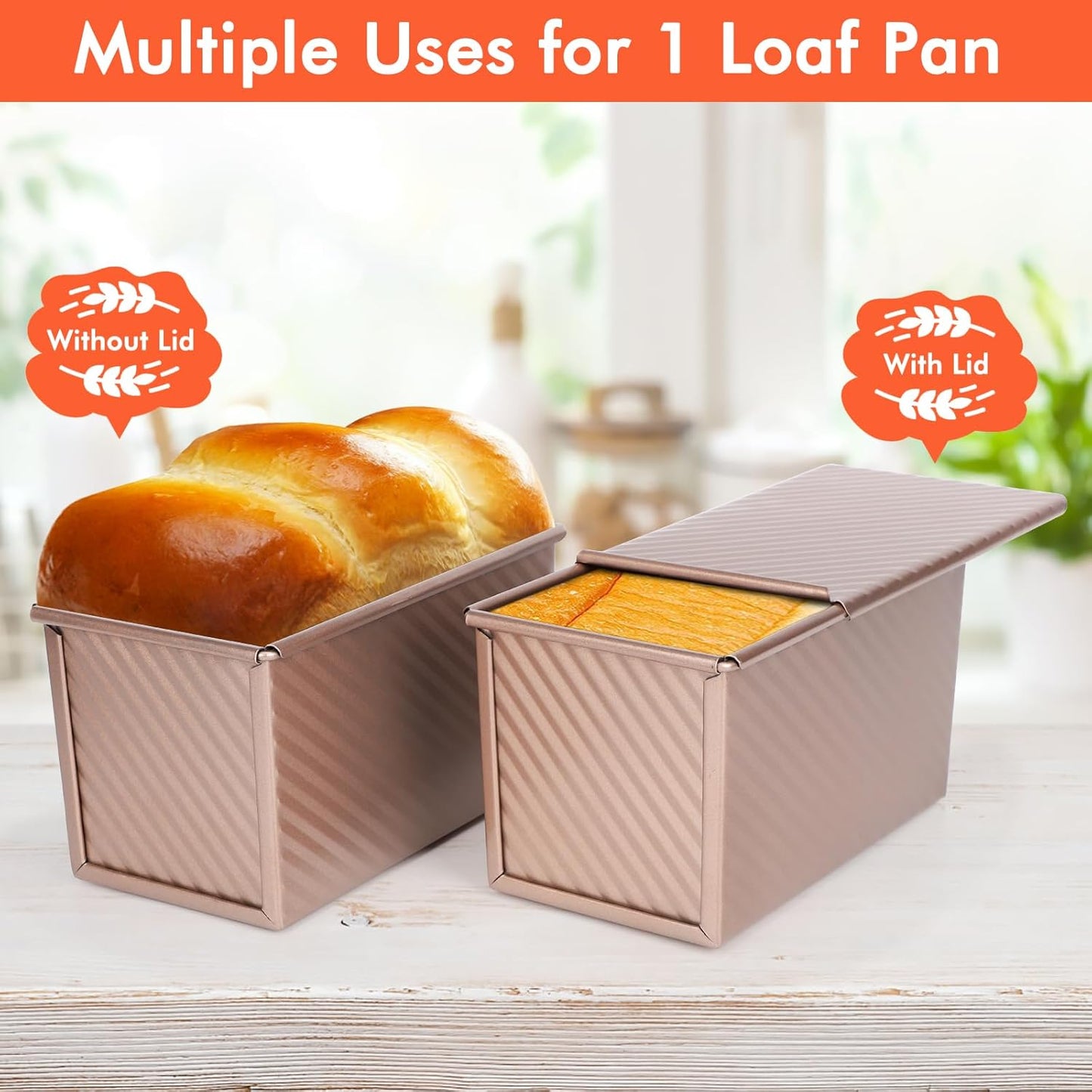 Beasea Pullman Loaf Pan with Lid, 2 Pack 1 lb Non-Stick Bread Loaf Pans Carbon Steel Bread Toast Box with Cover for Homemade Bakeware Bread Toast Oven Baking - Rose Gold