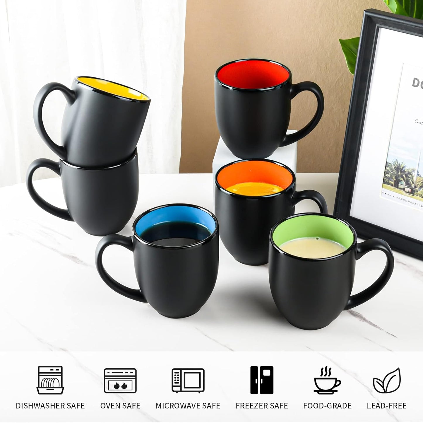 16oz ceramic Coffee Mug Sets with Large Handles Matte Black Porcelain Mug Multiple colors Cups for Coffee, Tea, Juice, Cocoa Set of 6 (16oz)