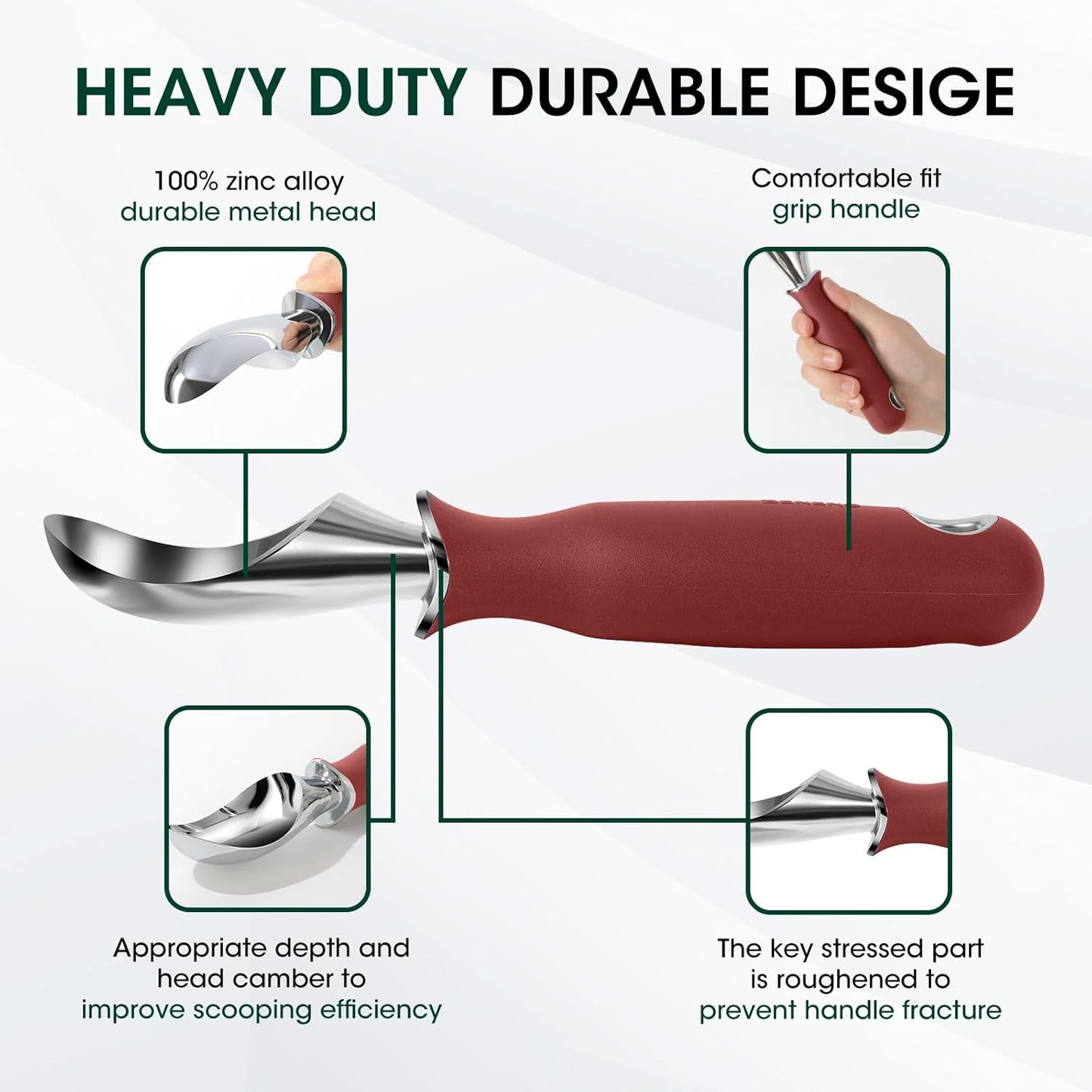 Beneno Heavy Duty Ice Cream Scoop - Upgraded Anti-Fracture Design, Comfortable Grip Long Handle, Effortless Scooping & Dishwasher Safe, Red