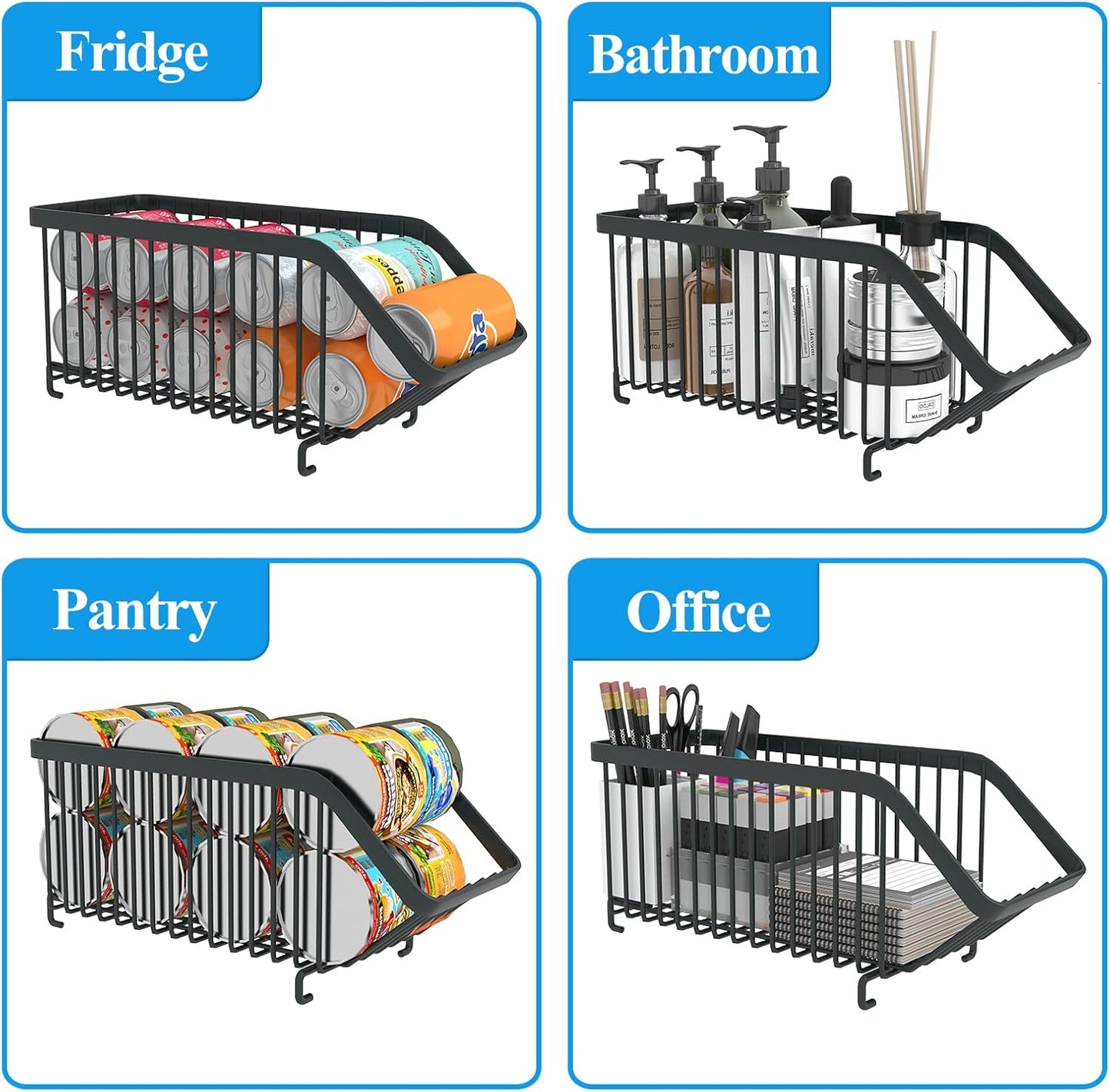 GILLAS 8 Pack Stackable Soda Can Organizer for Refrigerator, Can Holder Dispenser, Canned Food Storage Rack for Fridge, Kitchen, Countertops, Cabinets, Black