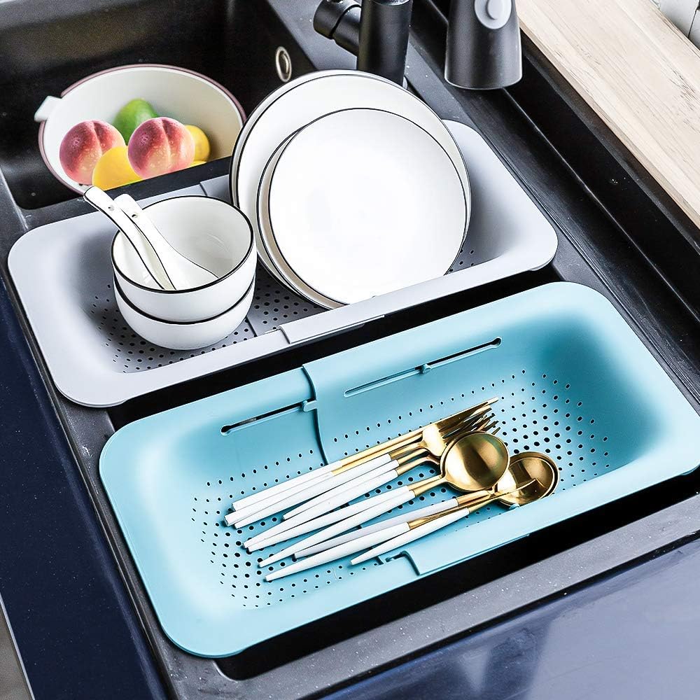 Collapsible Sink Colanders and Strainers Basket Over the Sink Colander Collapsible Colander Extendable Plastic Fruit Vegetable Strainer Drainer Basket for Kitchen(Length 14.3-19.4inch)(White Set of 2)